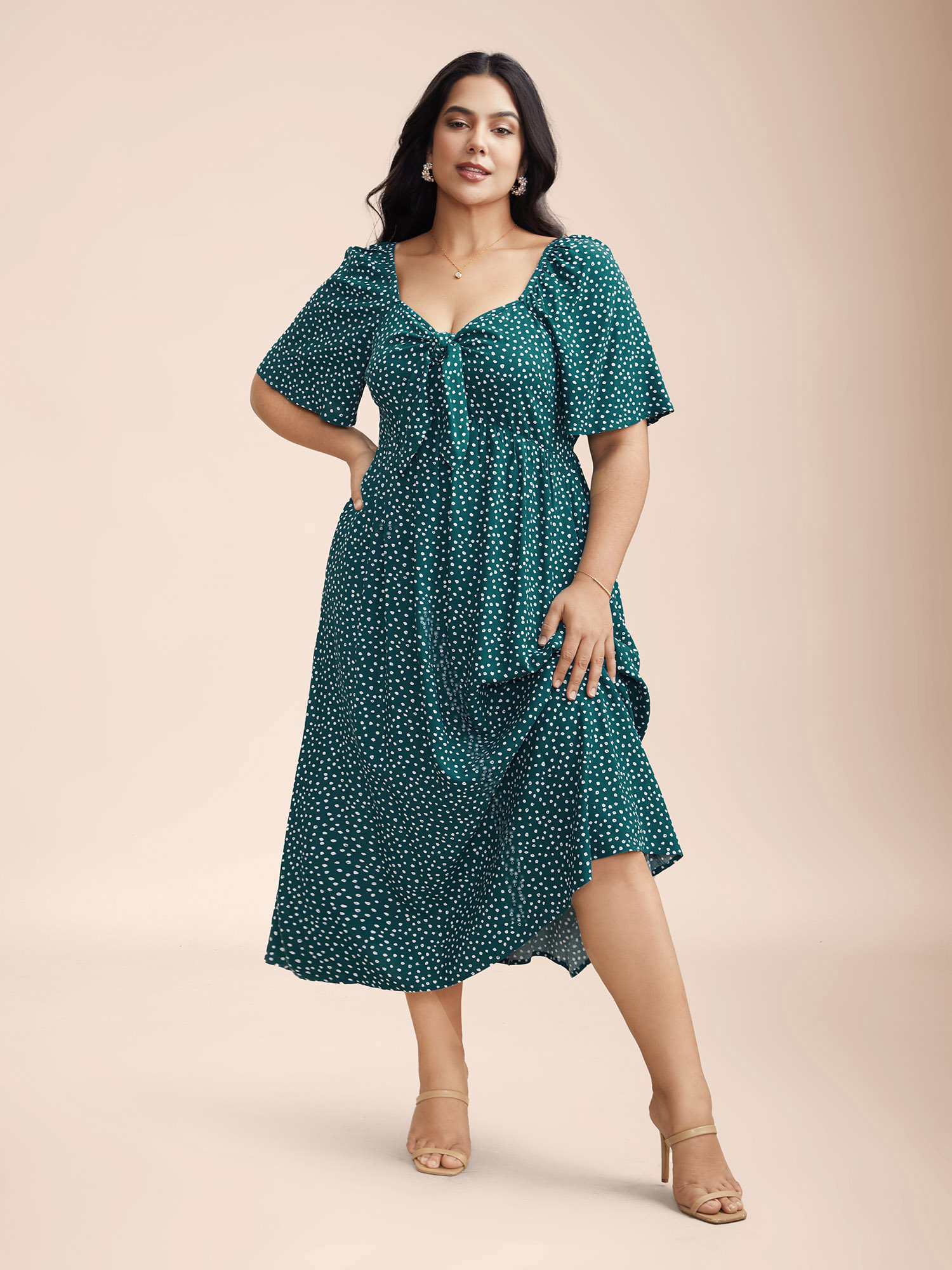 

Plus Size Cotton Polka Dot Neck-Tie Midi Dress Teal Women Elegant Tie knot Heart neckline Short sleeve Curvy BloomChic