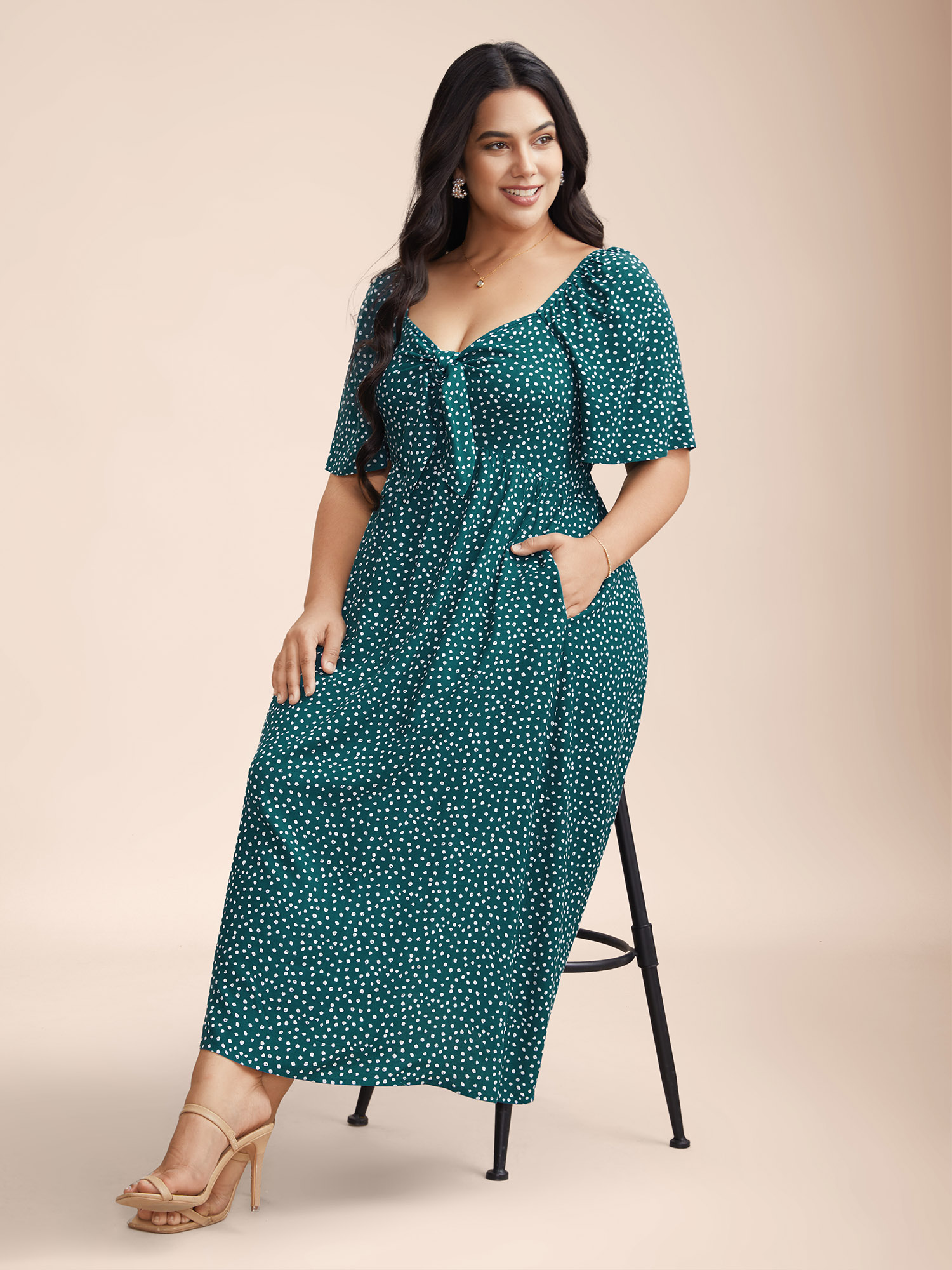 

Plus Size Rayon Polka Dot Neck-Tie Midi Dress Teal Women Elegant Tie knot Heart neckline Short sleeve Curvy BloomChic