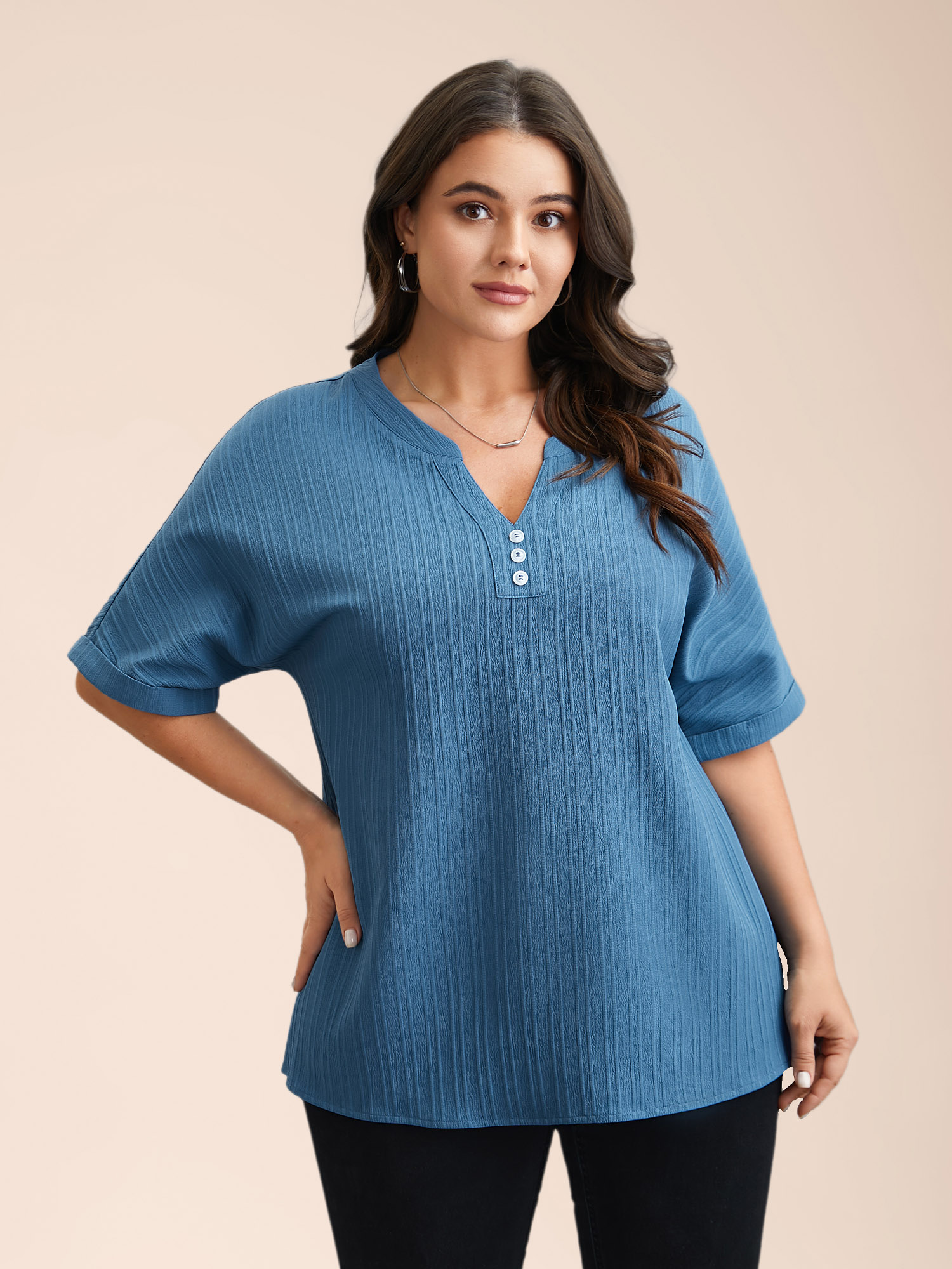 

Plus Size Cerulean Notched Collar Textured Button Blouse Women Elegant Short sleeve V-neck Everyday Blouses BloomChic