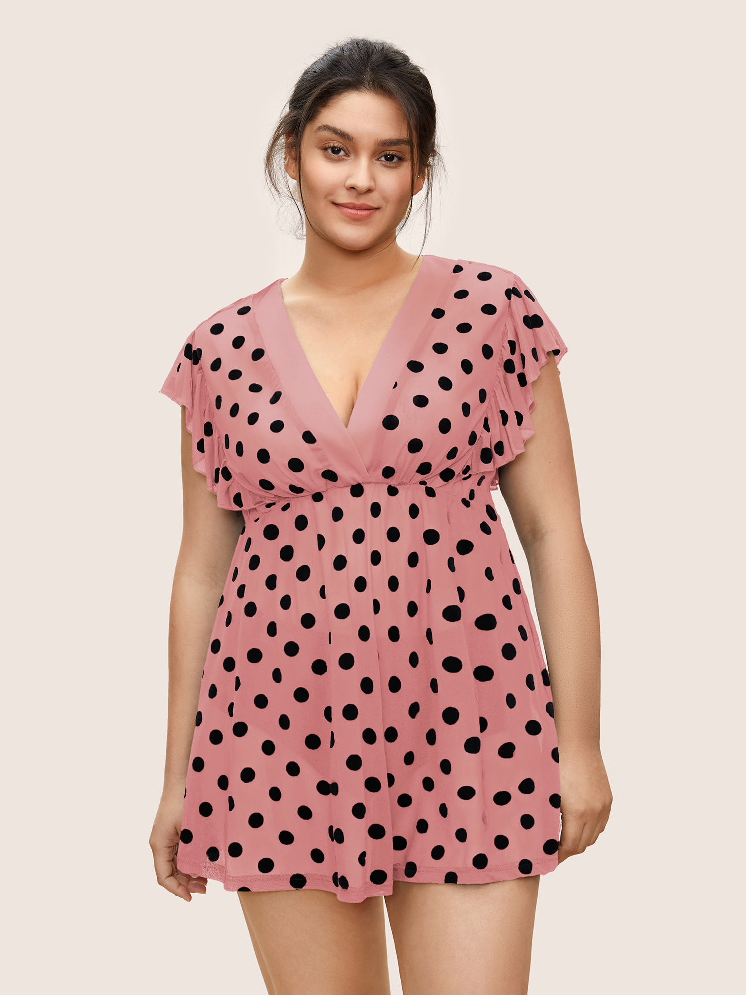 

Plus Size Polka Dot Mesh Ruffle Cap Sleeve Sleep Dress Rouge Cap Sleeve V-neck Lounge Everyday  Bloomchic