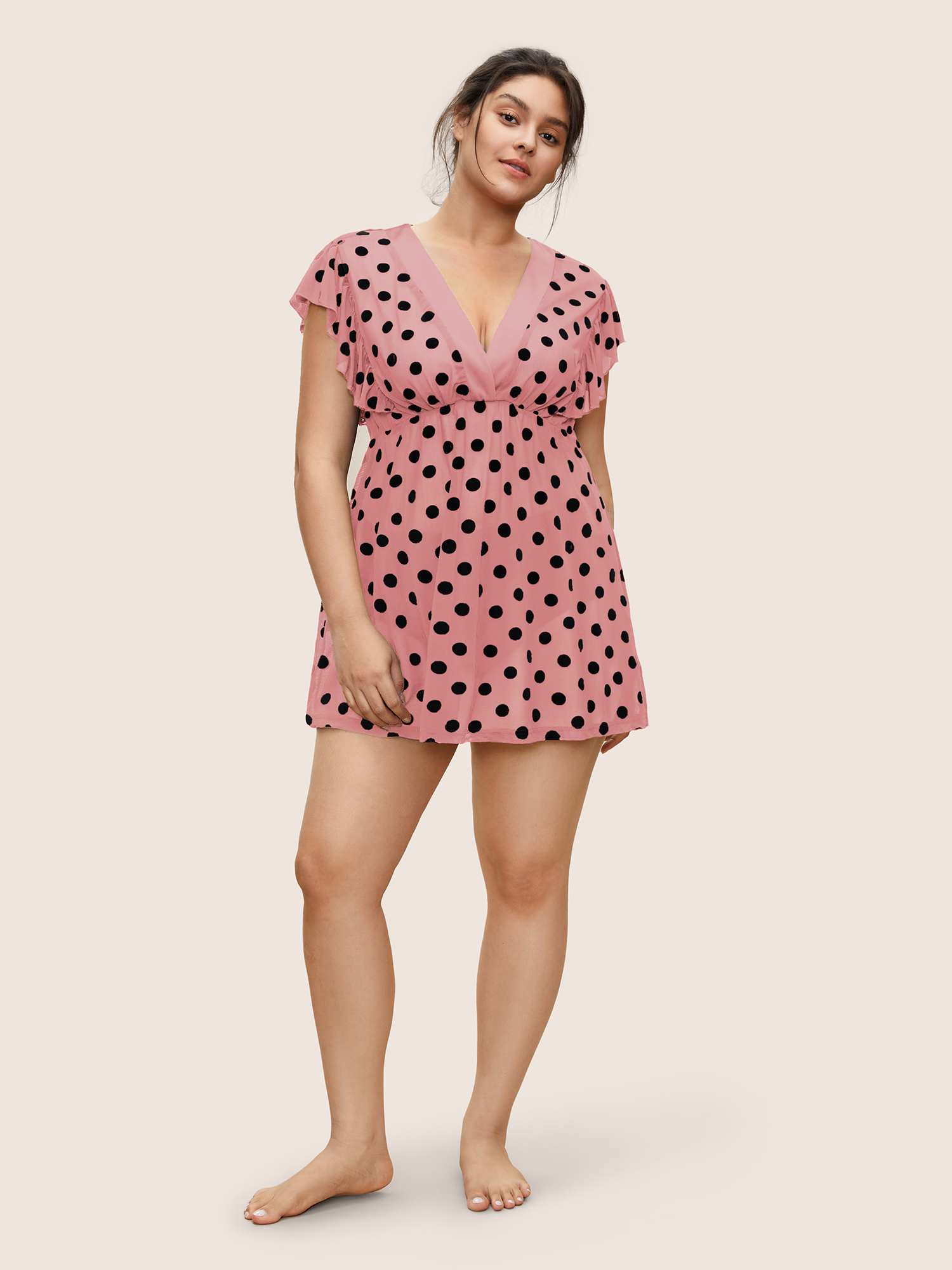 

Plus Size Polka Dot Mesh Ruffle Cap Sleeve Sleep Dress Rouge Cap Sleeve V-neck Lounge Everyday  Bloomchic