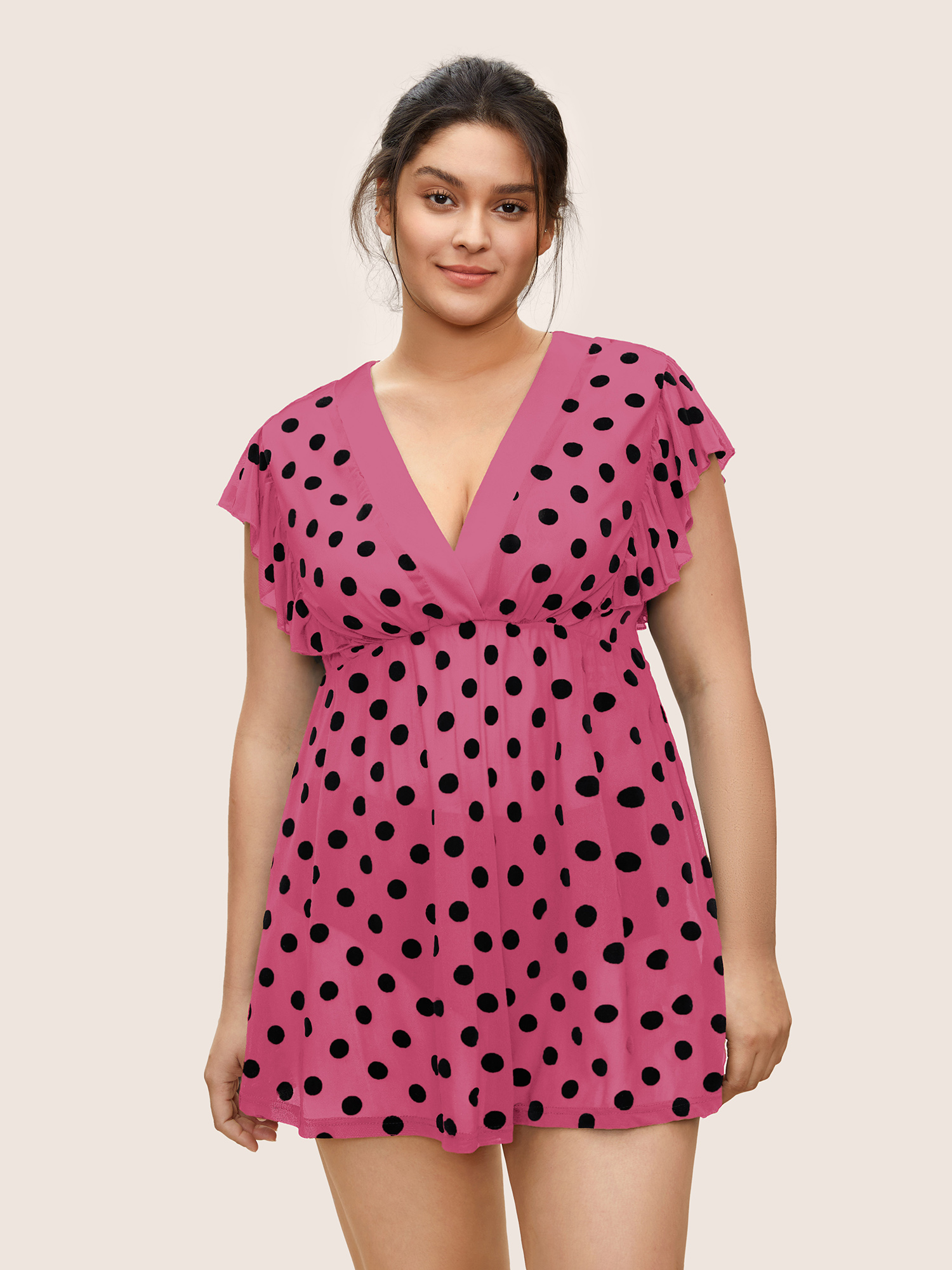 

Plus Size Polka Dot Mesh Ruffle Cap Sleeve Sleep Dress Peach Cap Sleeve V-neck Lounge Everyday  Bloomchic