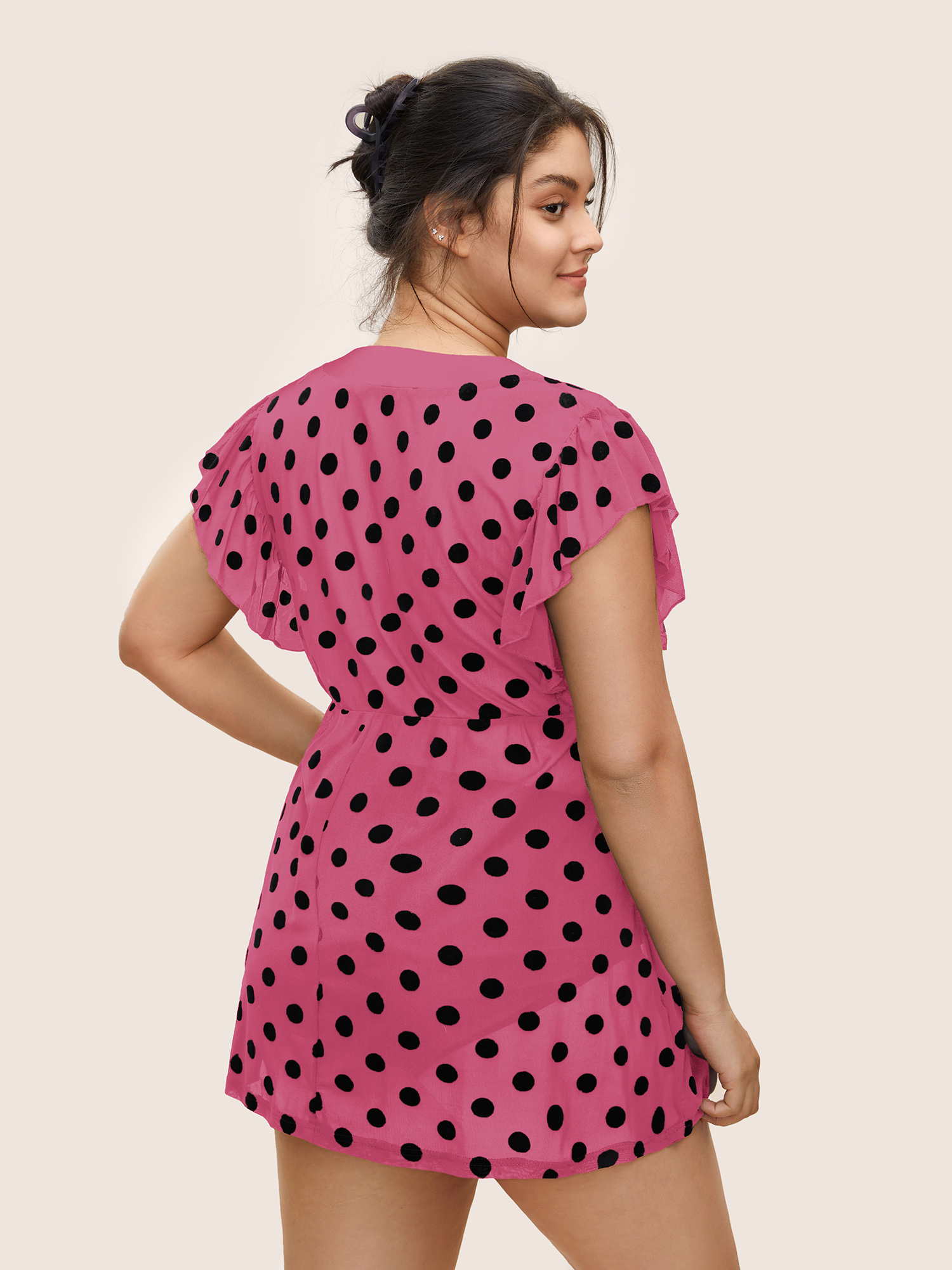 

Plus Size Polka Dot Mesh Ruffle Cap Sleeve Sleep Dress Peach Cap Sleeve V-neck Lounge Everyday  Bloomchic