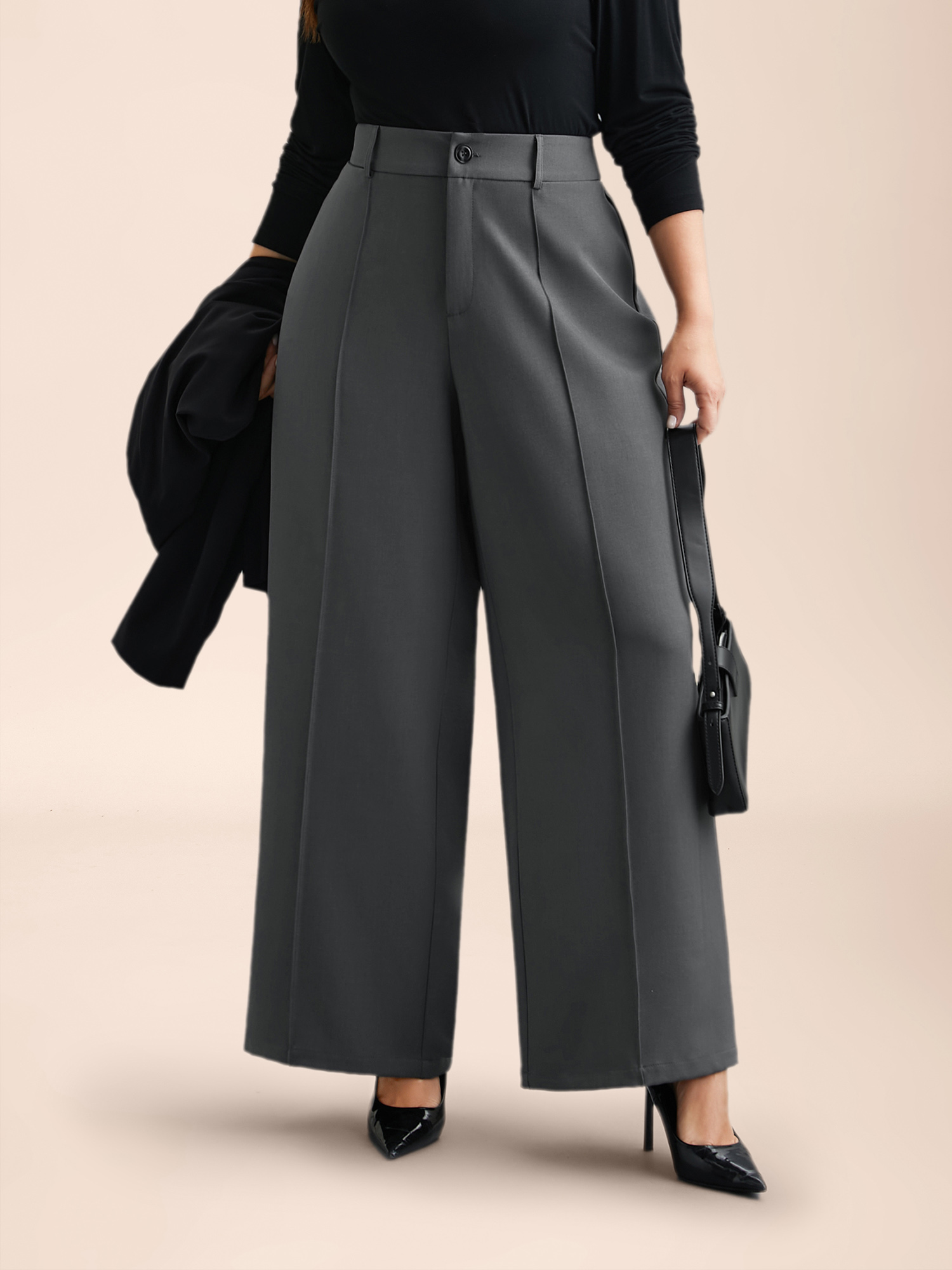 

Plus Size Stretchy-Waist Seamed Plicated Detail Pants Women DimGray Workwear Essentials Wide Leg Mid Rise Work Pants BloomChic