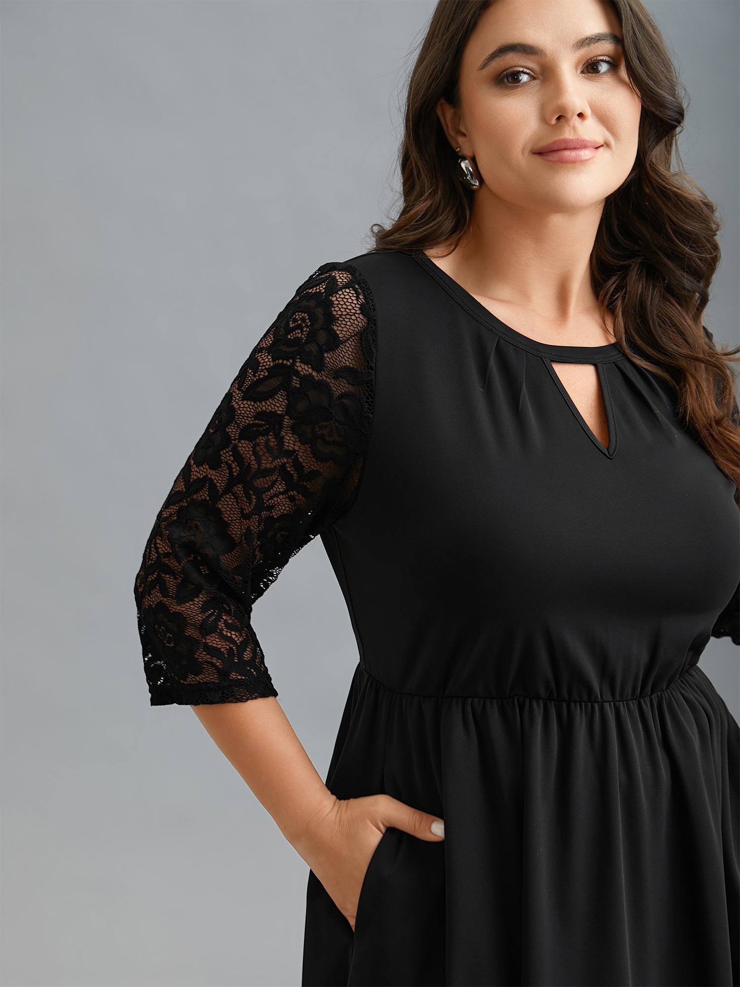 

Plus Size Neck Cut-Out Lace Stretchy-Waist Midi Dress Black Women At the Office Texture Knit Dresses Bloomchic