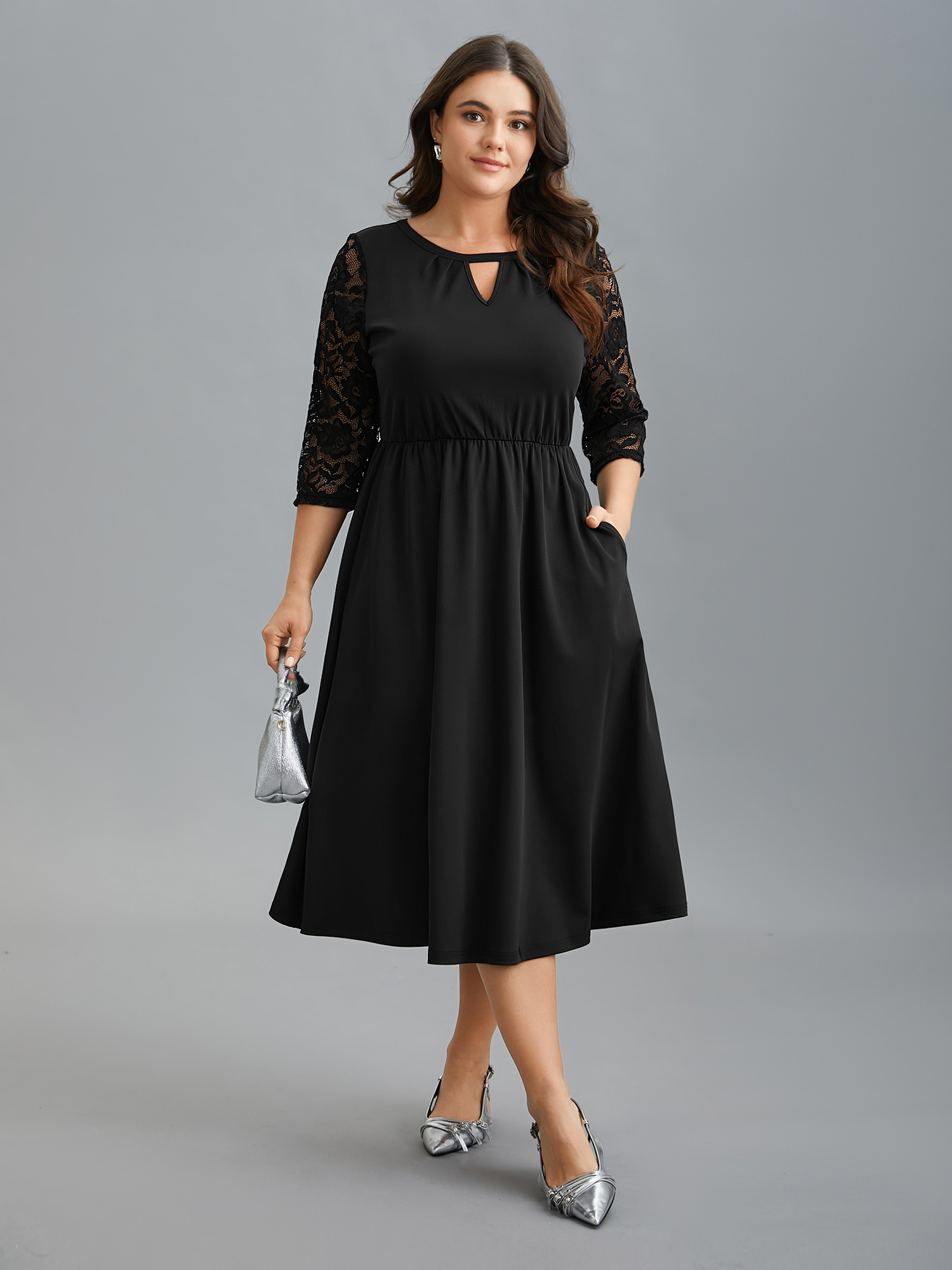 

Plus Size Neck Cut-Out Lace Stretchy-Waist Midi Dress Black Women At the Office Texture Knit Dresses Bloomchic
