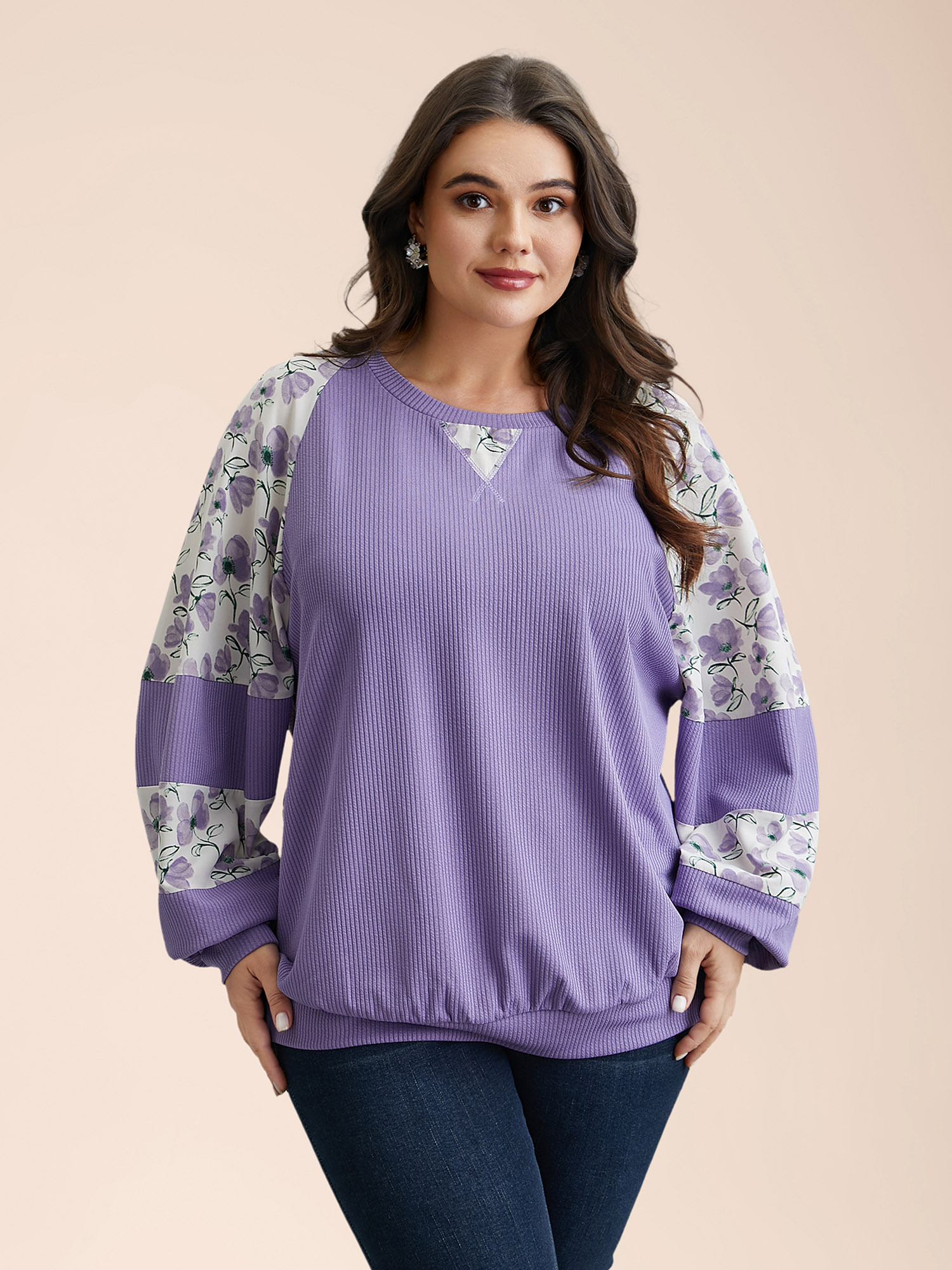 

Plus Size Ribbed Floral Patchwork Raglan Sleeve Sweatshirt Women Lilac Elegant Texture Round Neck Everyday Sweatshirts BloomChic