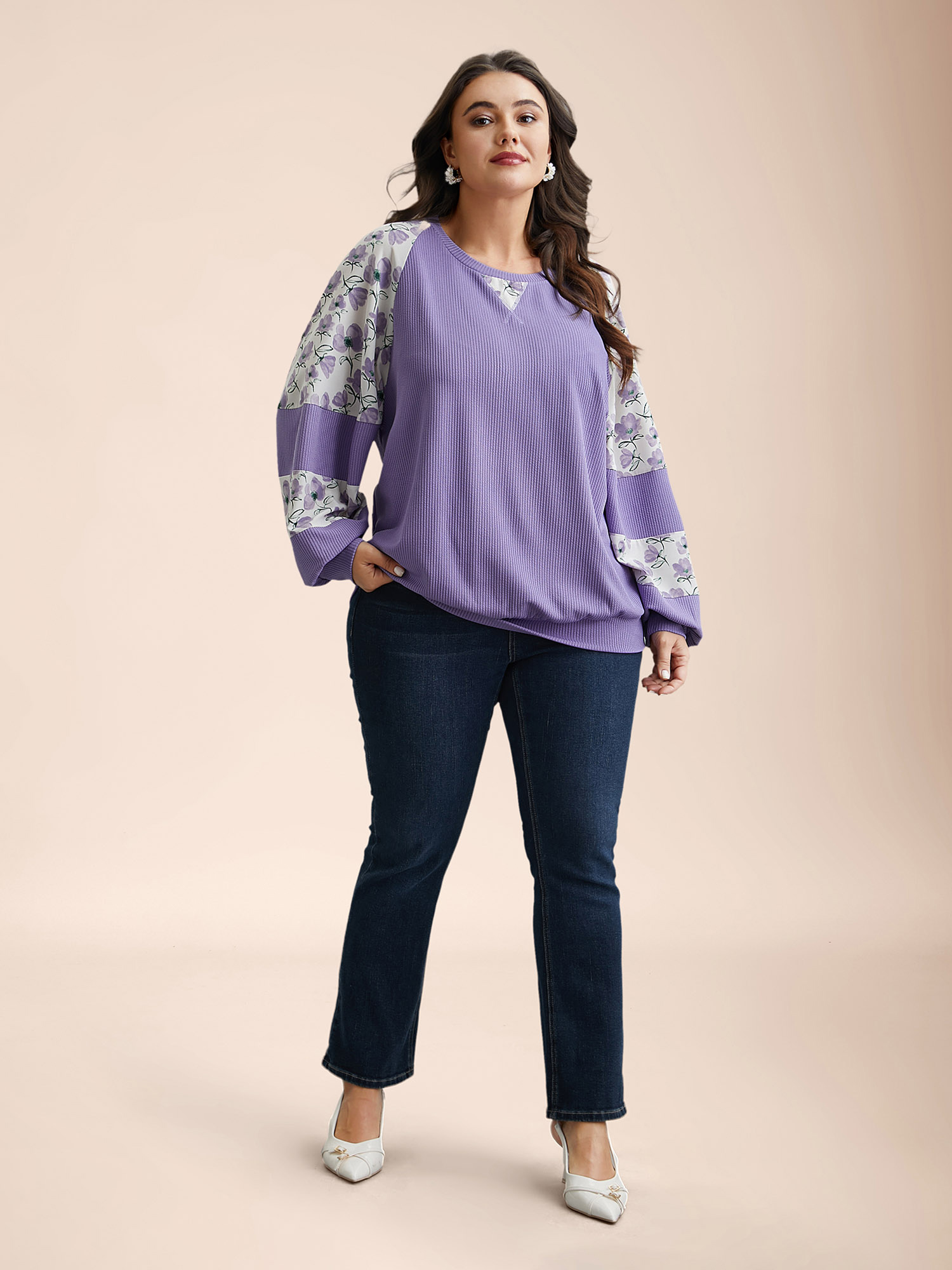 Plus Size Ribbed Floral Patchwork Raglan Sleeve Sweatshirt Women Lilac Elegant Texture Round Neck Everyday Sweatshirts BloomChic 22-24/3X 