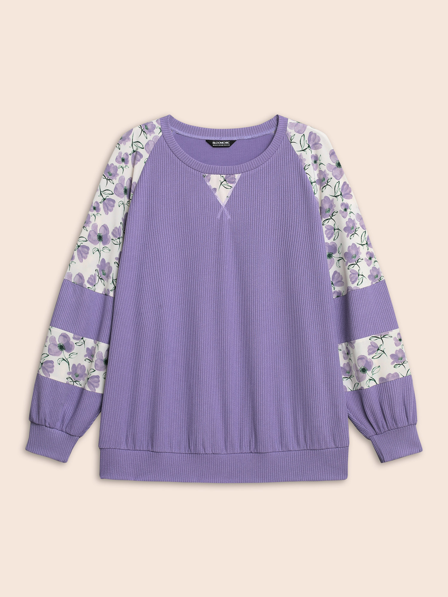 Plus Size Ribbed Floral Patchwork Raglan Sleeve Sweatshirt Women Lilac Elegant Texture Round Neck Everyday Sweatshirts BloomChic 22-24/3X 