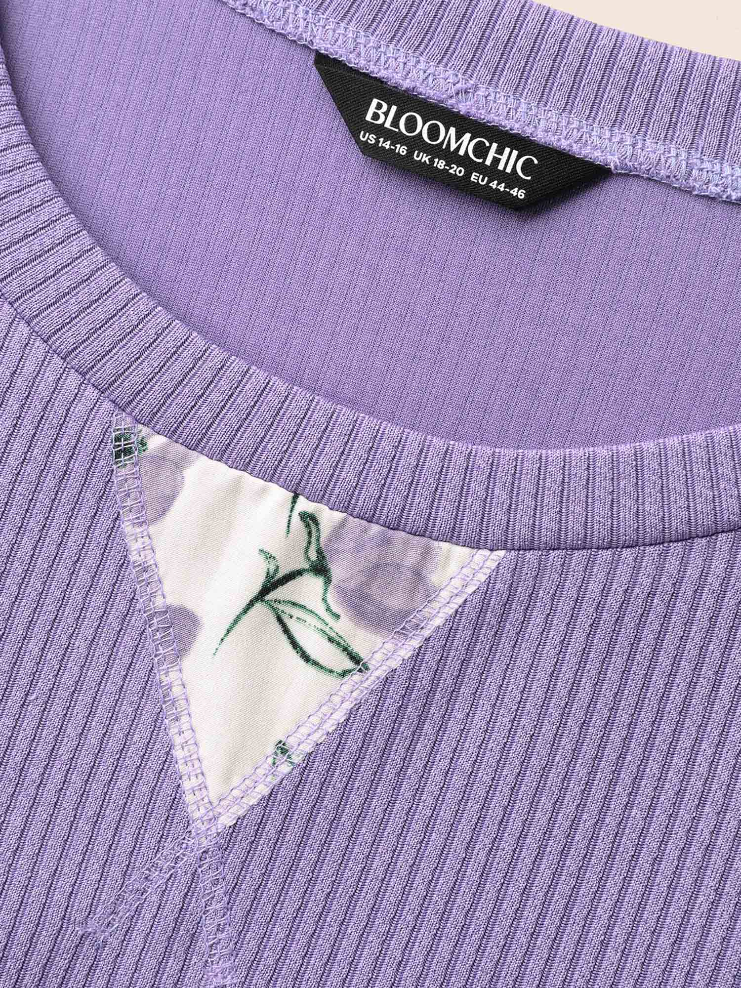 Plus Size Ribbed Floral Patchwork Raglan Sleeve Sweatshirt Women Lilac Elegant Texture Round Neck Everyday Sweatshirts BloomChic 22-24/3X 