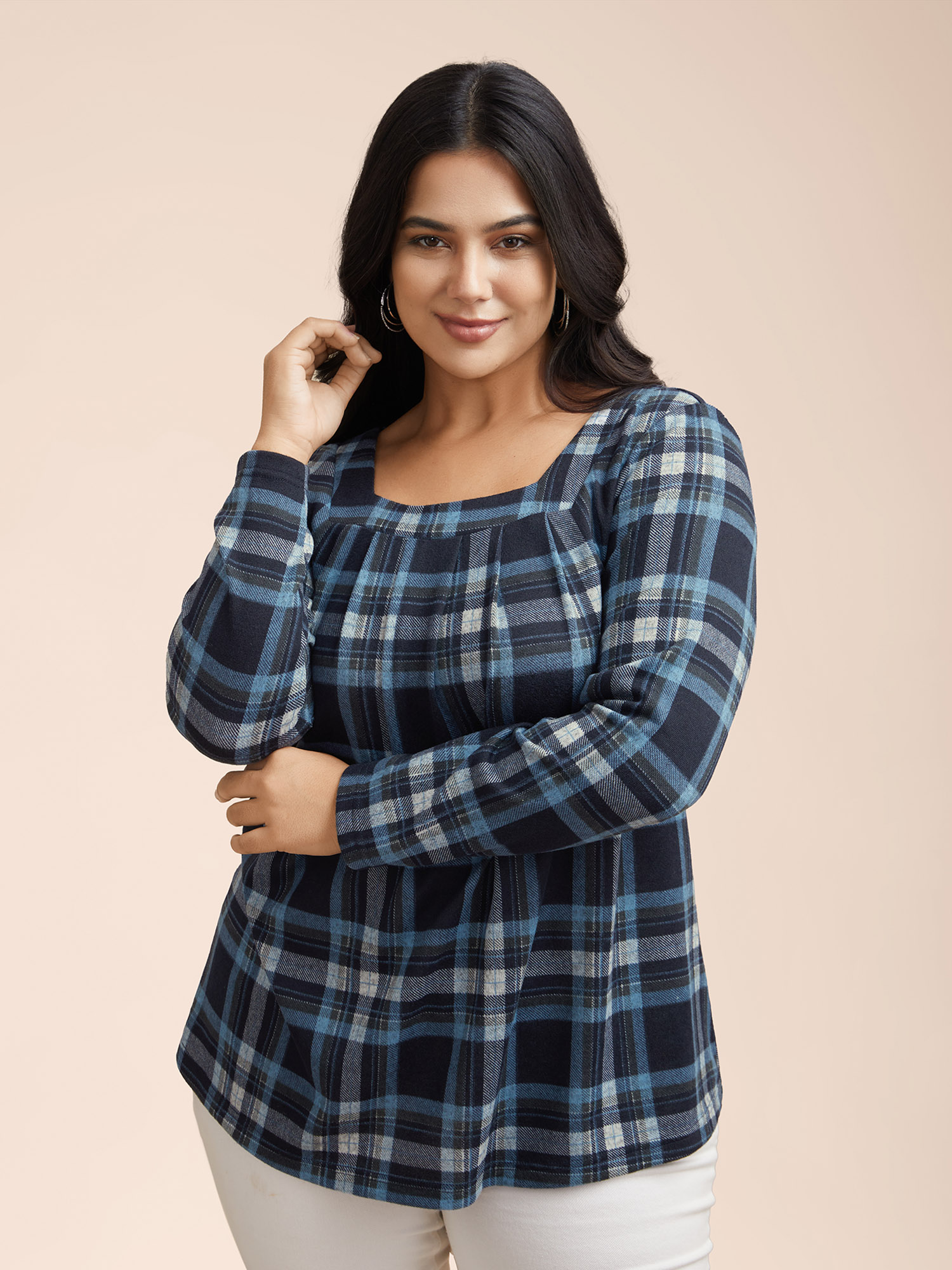 

Plus Size Plaid Pleated Square Neckline Knit Top Mediumblue Square Neck Long Sleeve Elegant Jersey Tops