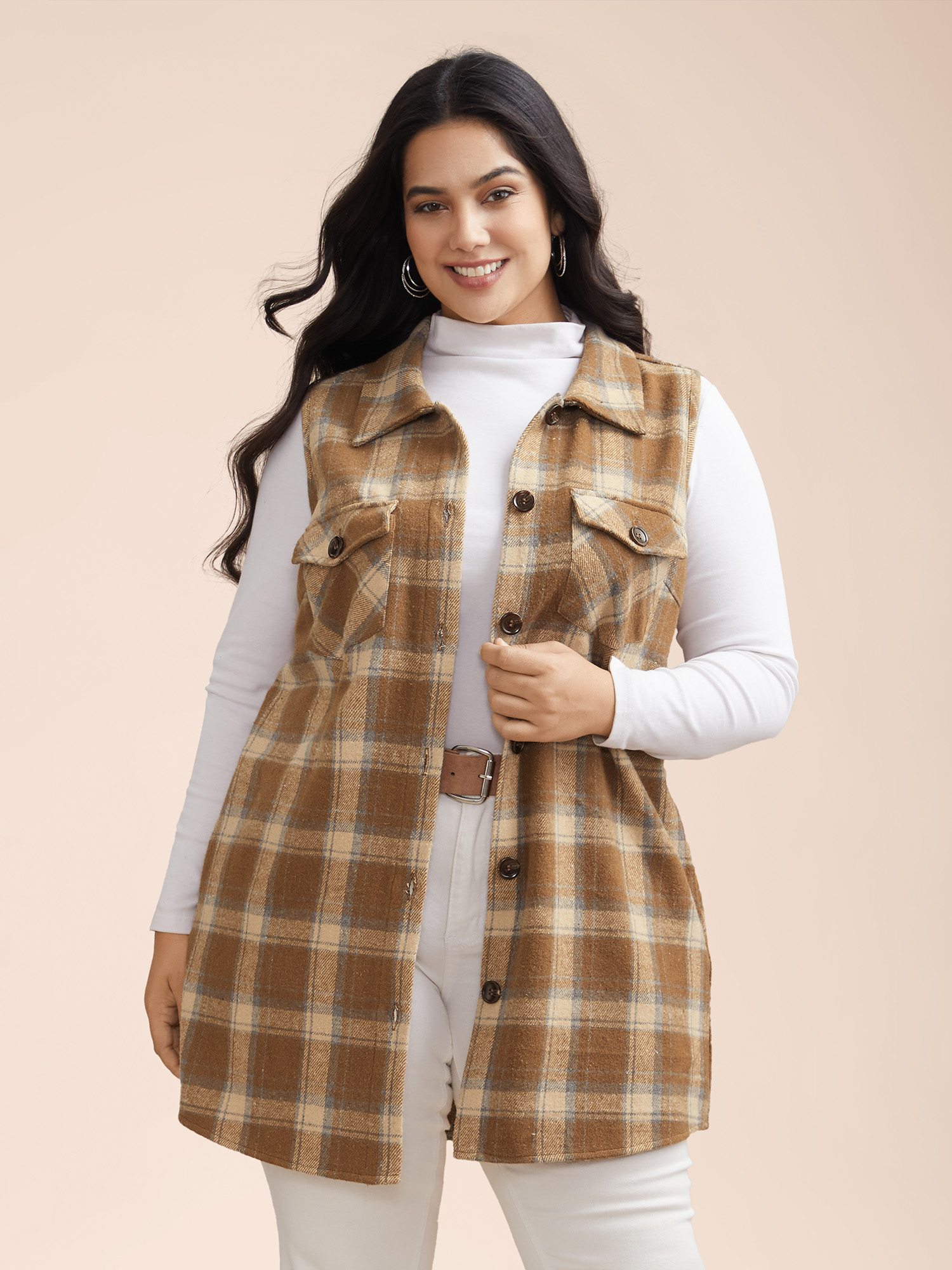 

Plus Size Plaid Flap Detail Sleeveless Jacket Women Bronze Button Side seam pocket Everyday Jackets BloomChic