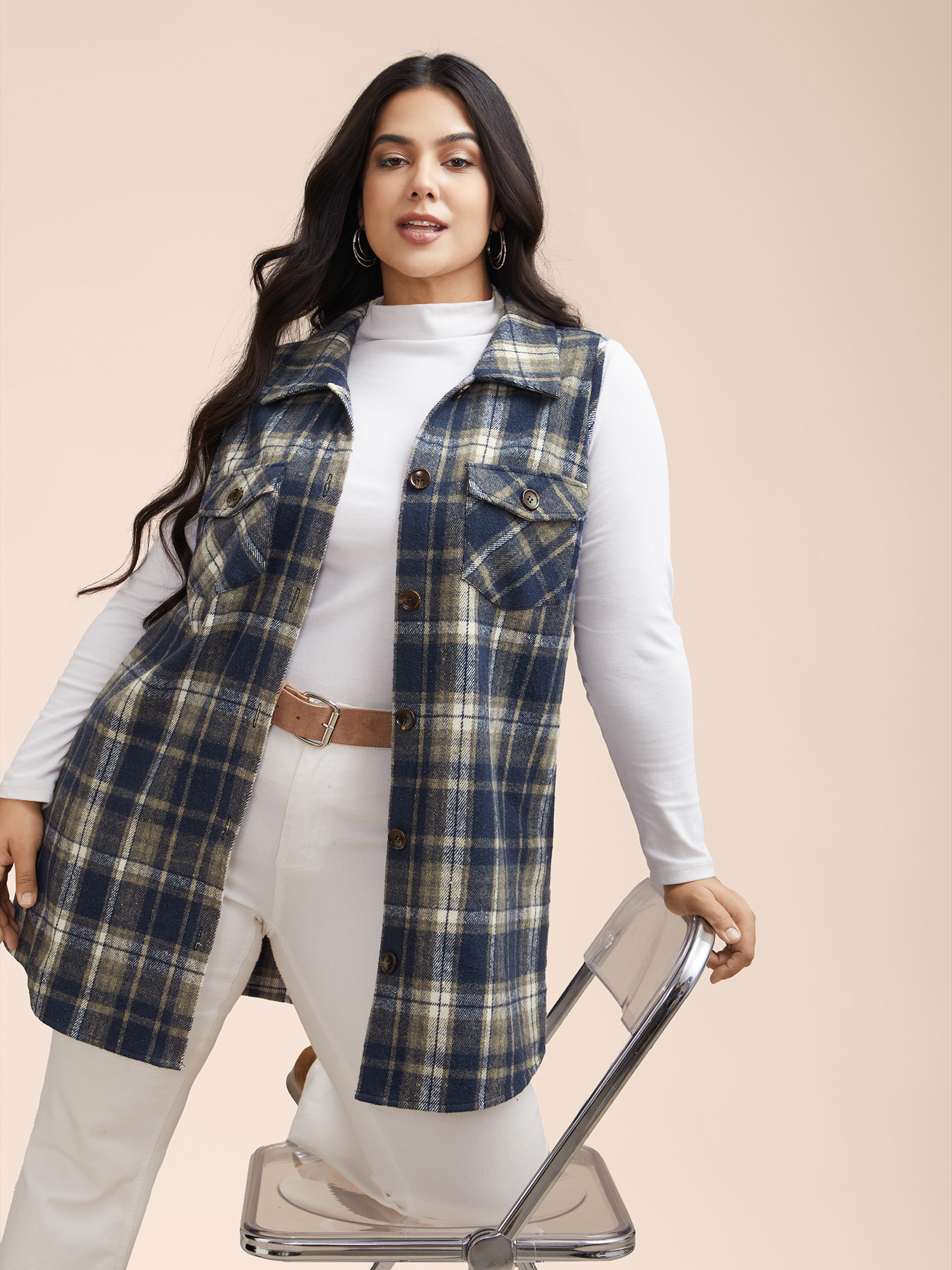 

Plus Size Plaid Flap Detail Sleeveless Jacket Women Indigo Button Side seam pocket Everyday Jackets BloomChic