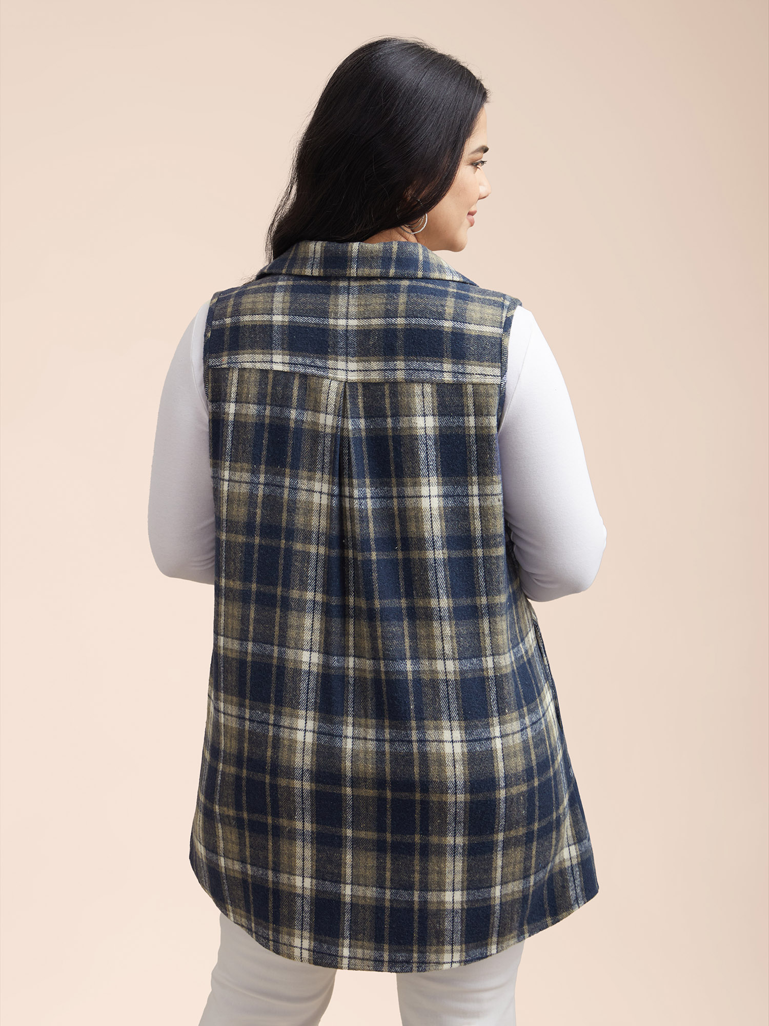 

Plus Size Plaid Flap Detail Sleeveless Jacket Women Indigo Button Side seam pocket Everyday Jackets BloomChic