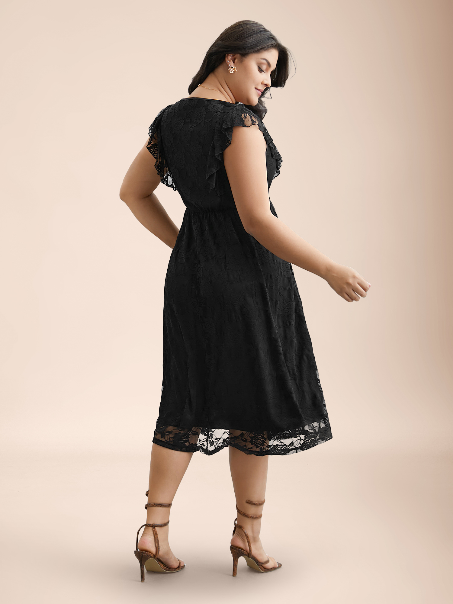 

Plus Size Lace Ruffled Sleeve Waist-Cinched Midi Dress Black Women Elegant Texture Knit Dresses Bloomchic