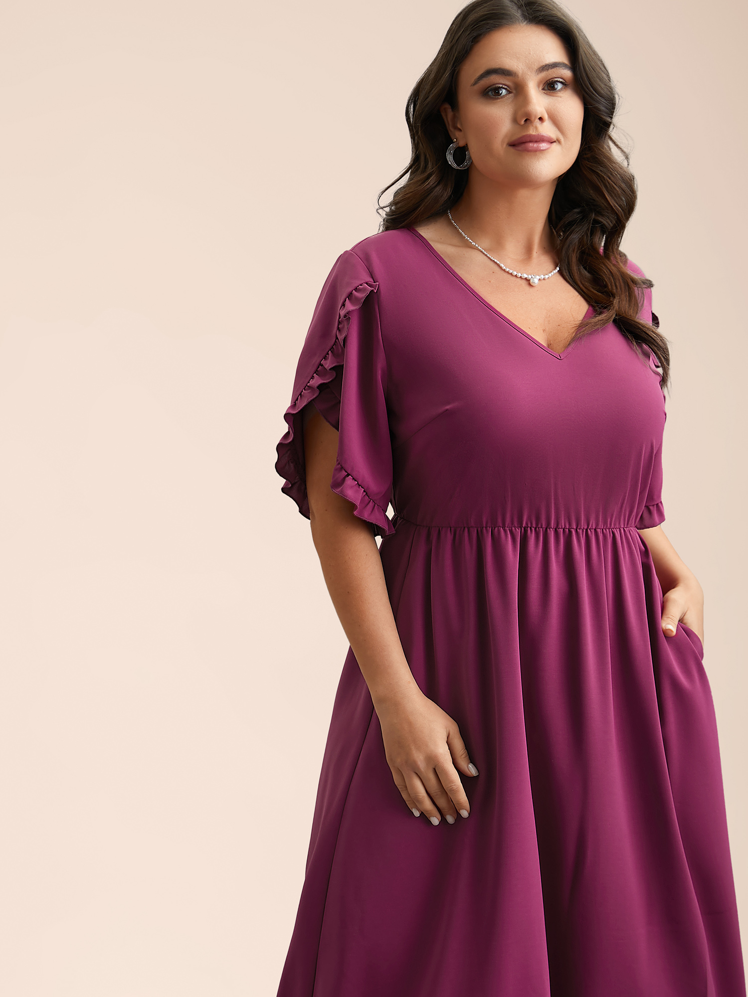 

Plus Size Petal Sleeve Ruffled Waist-Cinched Midi Dress Deeppurplered Women Elegant Frill Trim V-neck Half Sleeve Curvy BloomChic