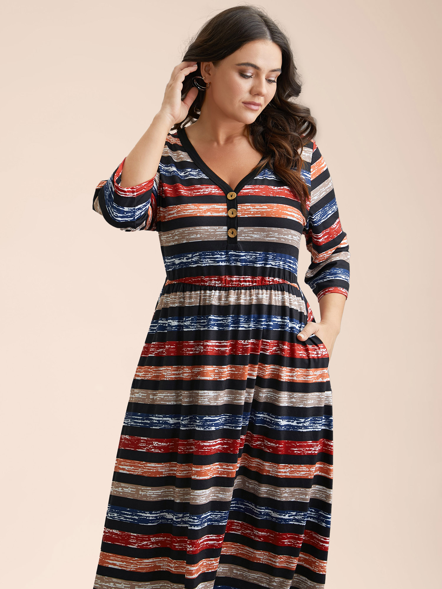 

Plus Size Multi-Color Striped Half-Placket Midi Dress Multicolor Women Casual Contrast Knit Dresses Bloomchic