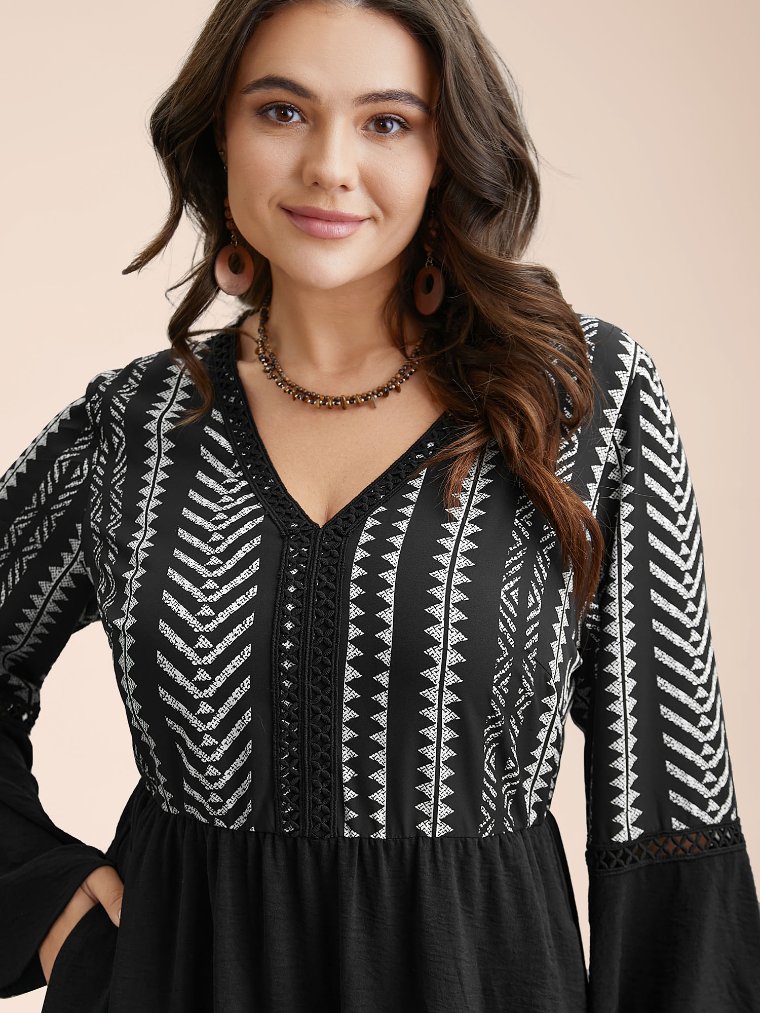 

Plus Size Printed Color-Block Bell Sleeve Midi Dress Black Women Resort Woven ribbon&lace trim V-neck Long Sleeve Curvy BloomChic