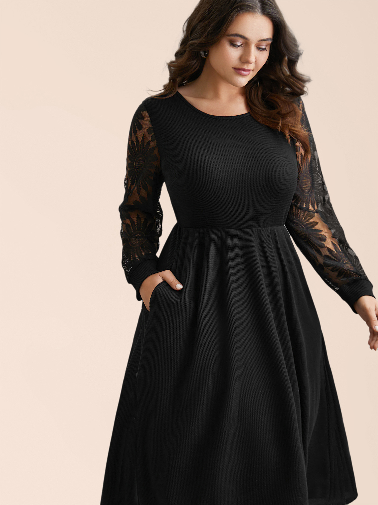 

Plus Size Sheer Textured Sleeve Waist Cinched Midi Dress Black Women Elegant Texture Knit Dresses Bloomchic