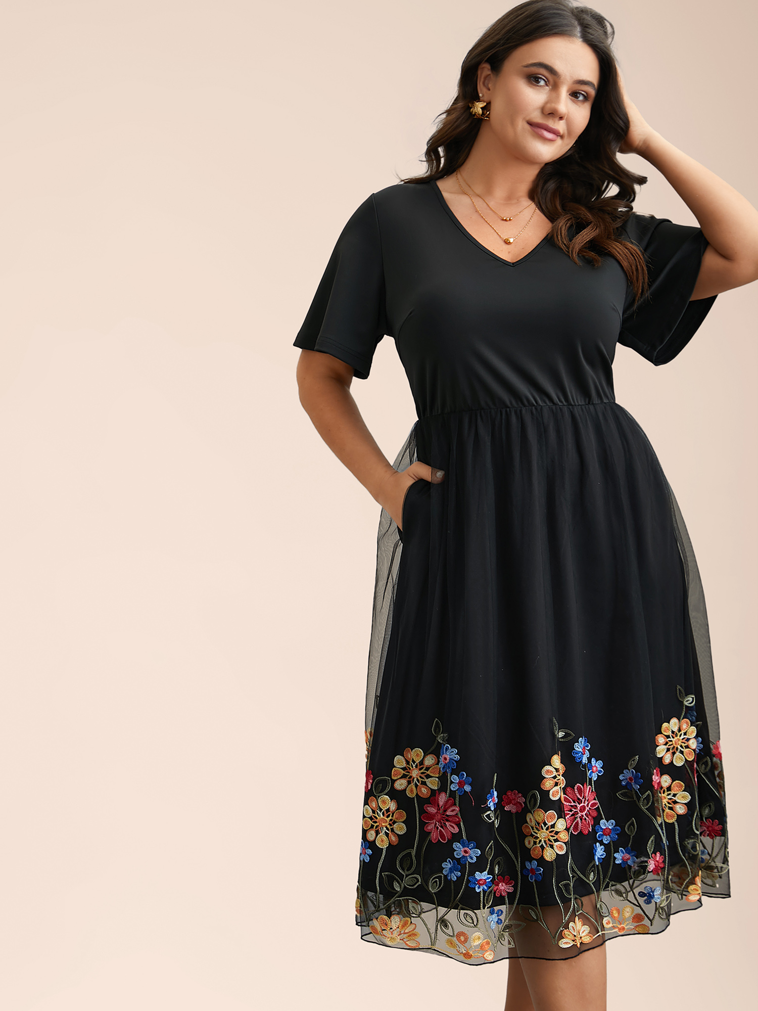 

Plus Size Floral Embroidered Hem Stretchy-Waist Pockets Midi Dress BlackFlower Women Elegant See through V-neck Short sleeve Curvy BloomChic