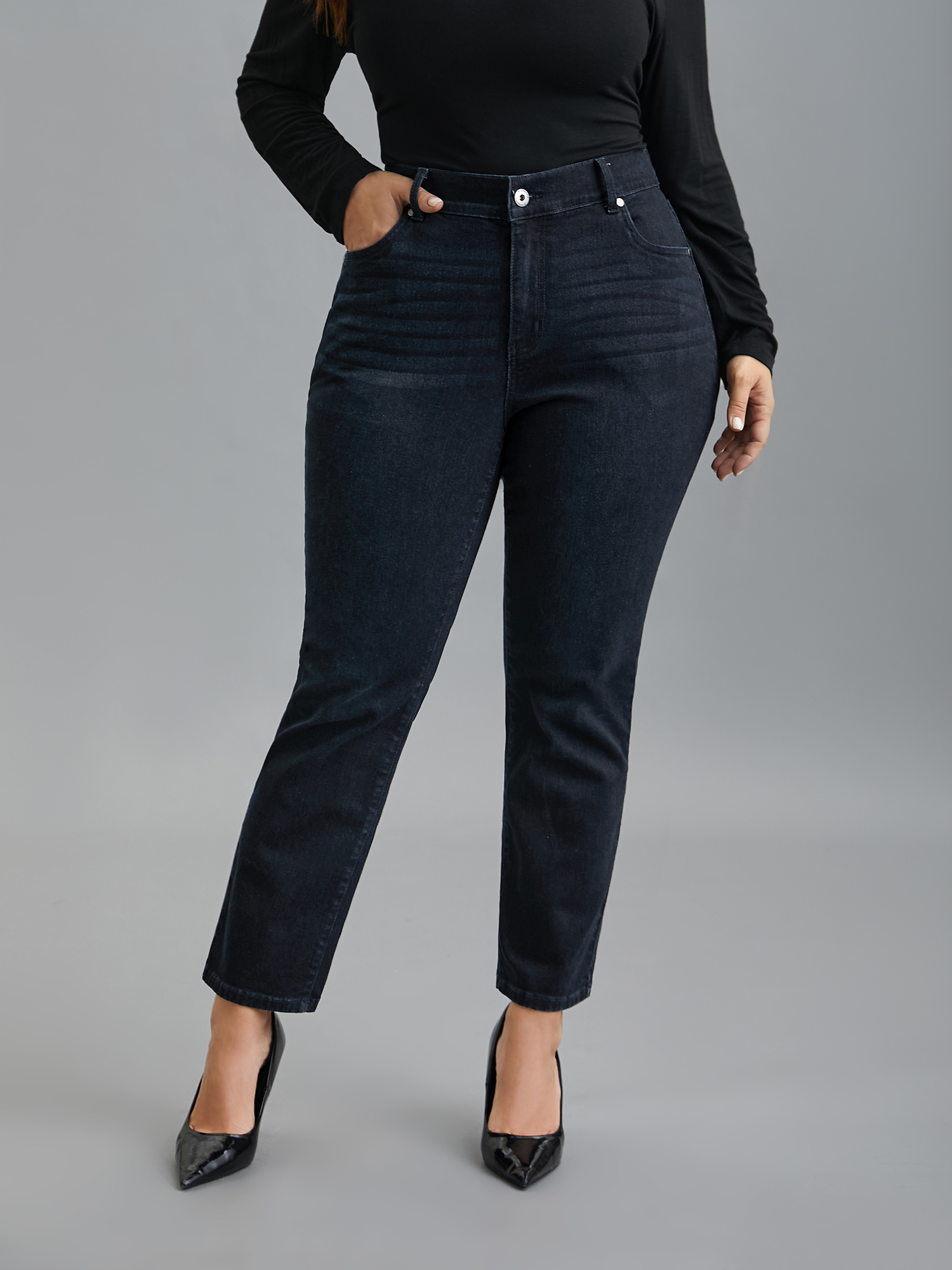 

Plus Size Whiskered Mid-Rise Skinny-Fit Jeans Women Denimcharcoal Elegant Button Medium stretch Slanted pocket Jeans BloomChic