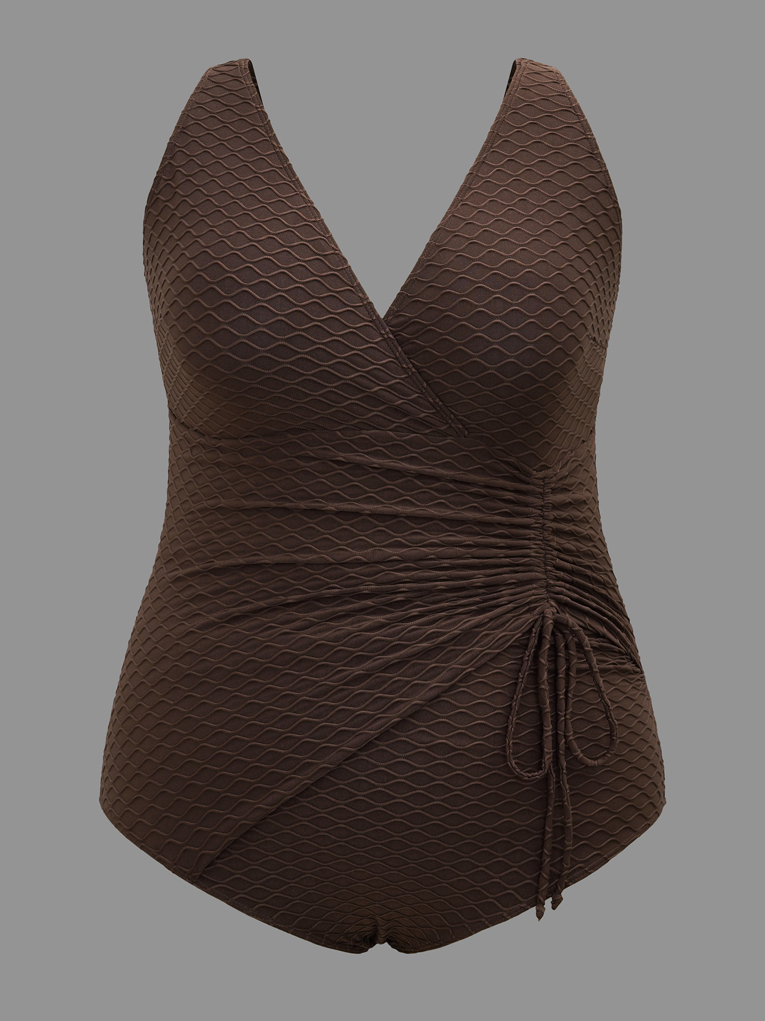 Plus Size Ruched Drawstring Surplice Neck One-Piece Swimsuit Women`s Swimwear Browncoffeecolor Beach Texture Curve Bathing Suits High stretch One Pieces BloomChic 14-16/1X 