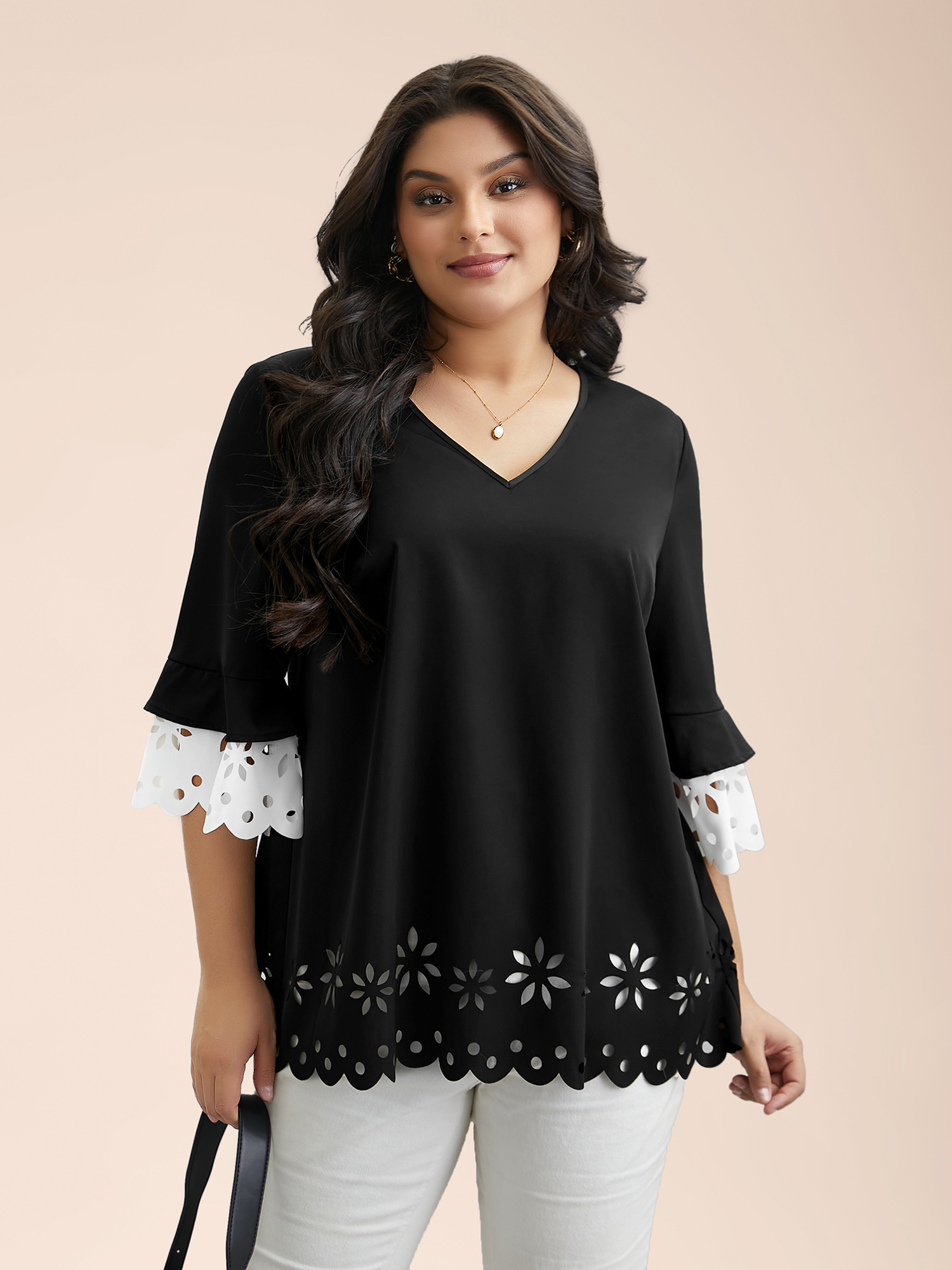 

Plus Size Black Laser Cut Color Contrast V-Neck Blouse Women At the Office Elbow-length sleeve V-neck Work Blouses BloomChic