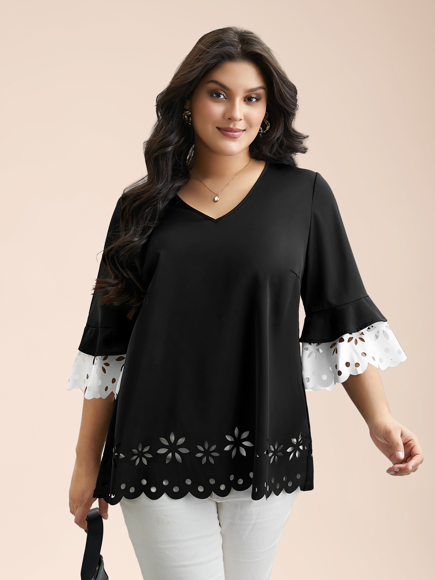 Plus Size Black Laser Cut Color Contrast V-Neck Blouse Women At the Office Elbow-length sleeve V-neck Work Blouses BloomChic 10/M 
