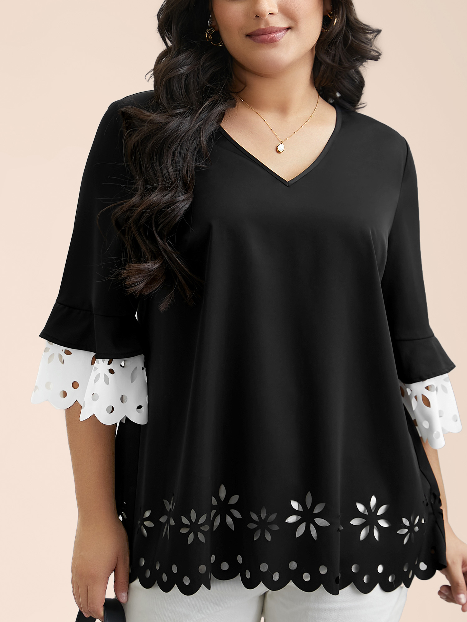 Plus Size Black Laser Cut Color Contrast V-Neck Blouse Women At the Office Elbow-length sleeve V-neck Work Blouses BloomChic 10/M 