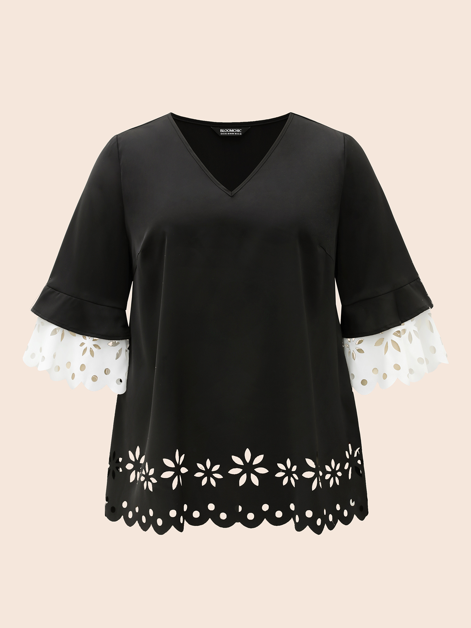 Plus Size Black Laser Cut Color Contrast V-Neck Blouse Women At the Office Elbow-length sleeve V-neck Work Blouses BloomChic 10/M 