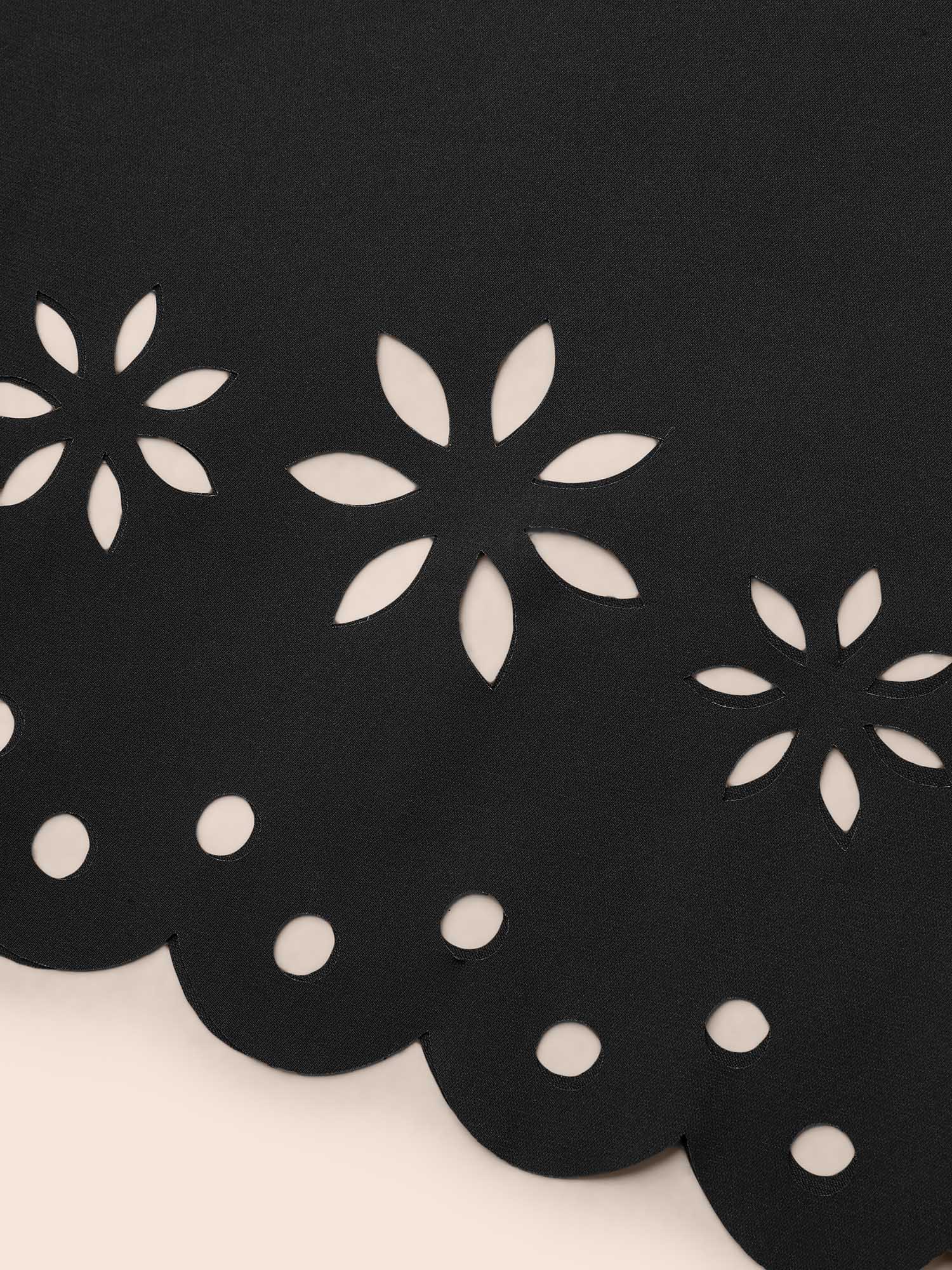 Plus Size Black Laser Cut Color Contrast V-Neck Blouse Women At the Office Elbow-length sleeve V-neck Work Blouses BloomChic 10/M 