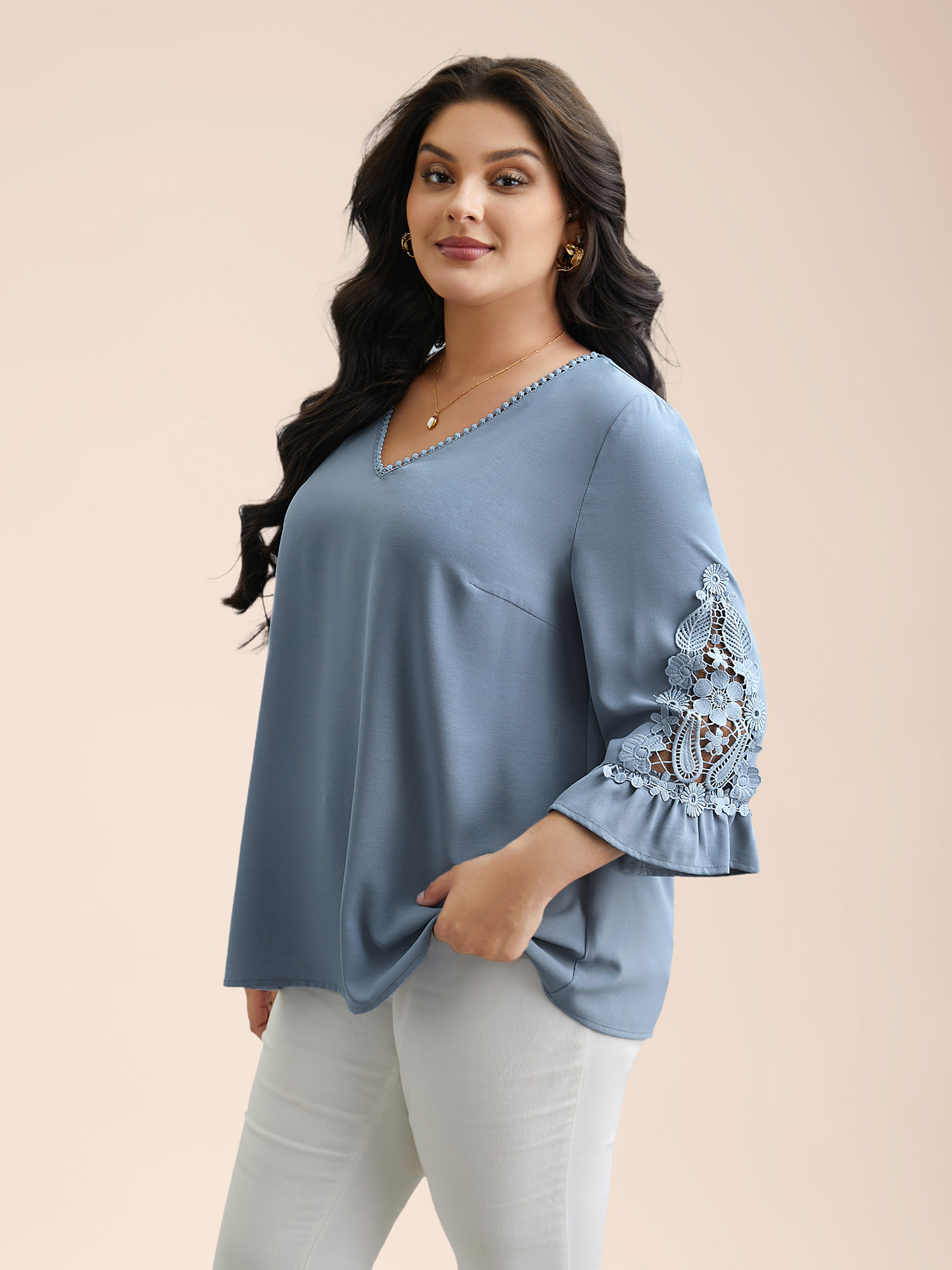 

Plus Size Stone Lace Patchwork Ruffled V-Neck Blouse Women Elegant Elbow-length sleeve V-neck Everyday Blouses BloomChic