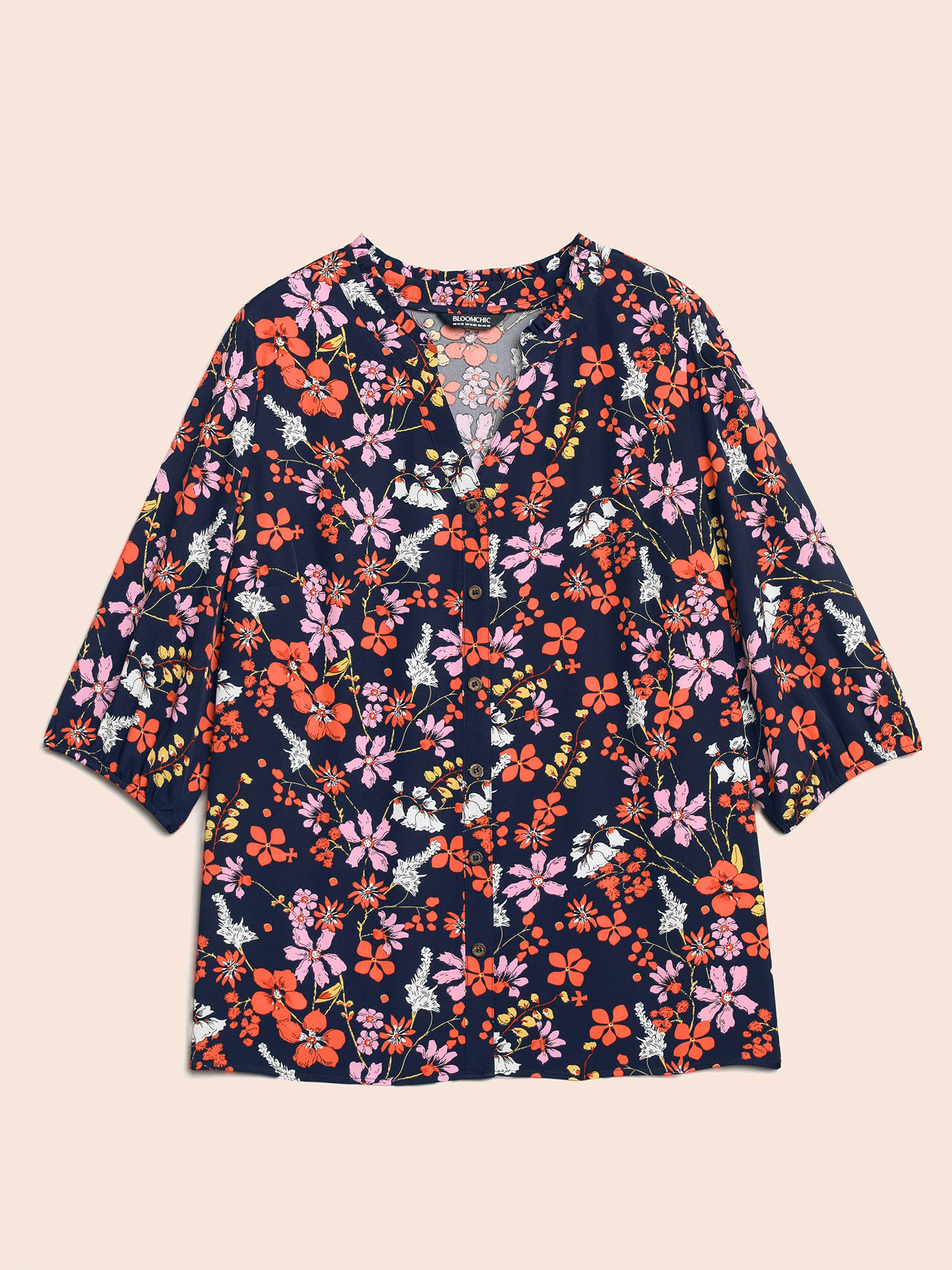 

Plus Size Floral Print Ruffled Button Placket Shirt Indigo Elbow-length sleeve Notched collar Elegant Shirts