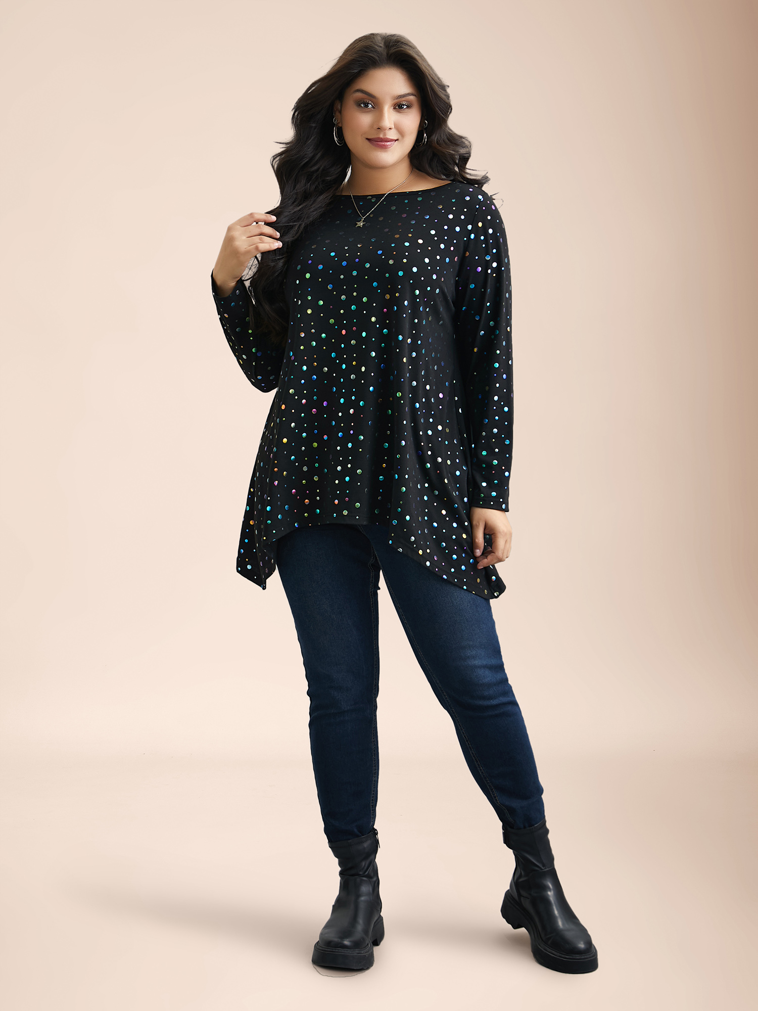 Plus Size Multi-Color Dots Boat Neck T-Shirt Black Women Casual Contrast Boat Neck Everyday T-shirts BloomChic 28/5X 