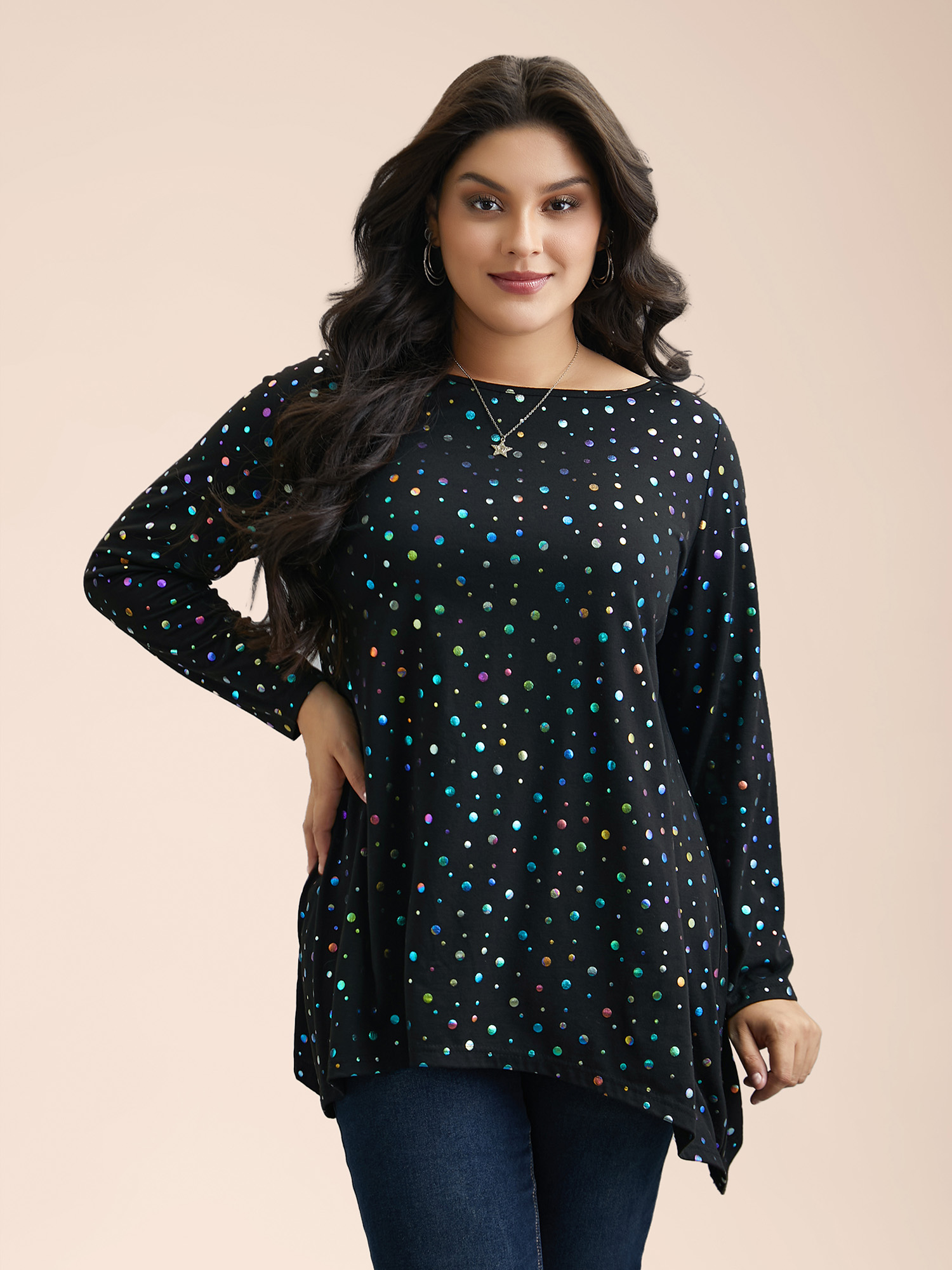 Plus Size Multi-Color Dots Boat Neck T-Shirt Black Women Casual Contrast Boat Neck Everyday T-shirts BloomChic 28/5X 