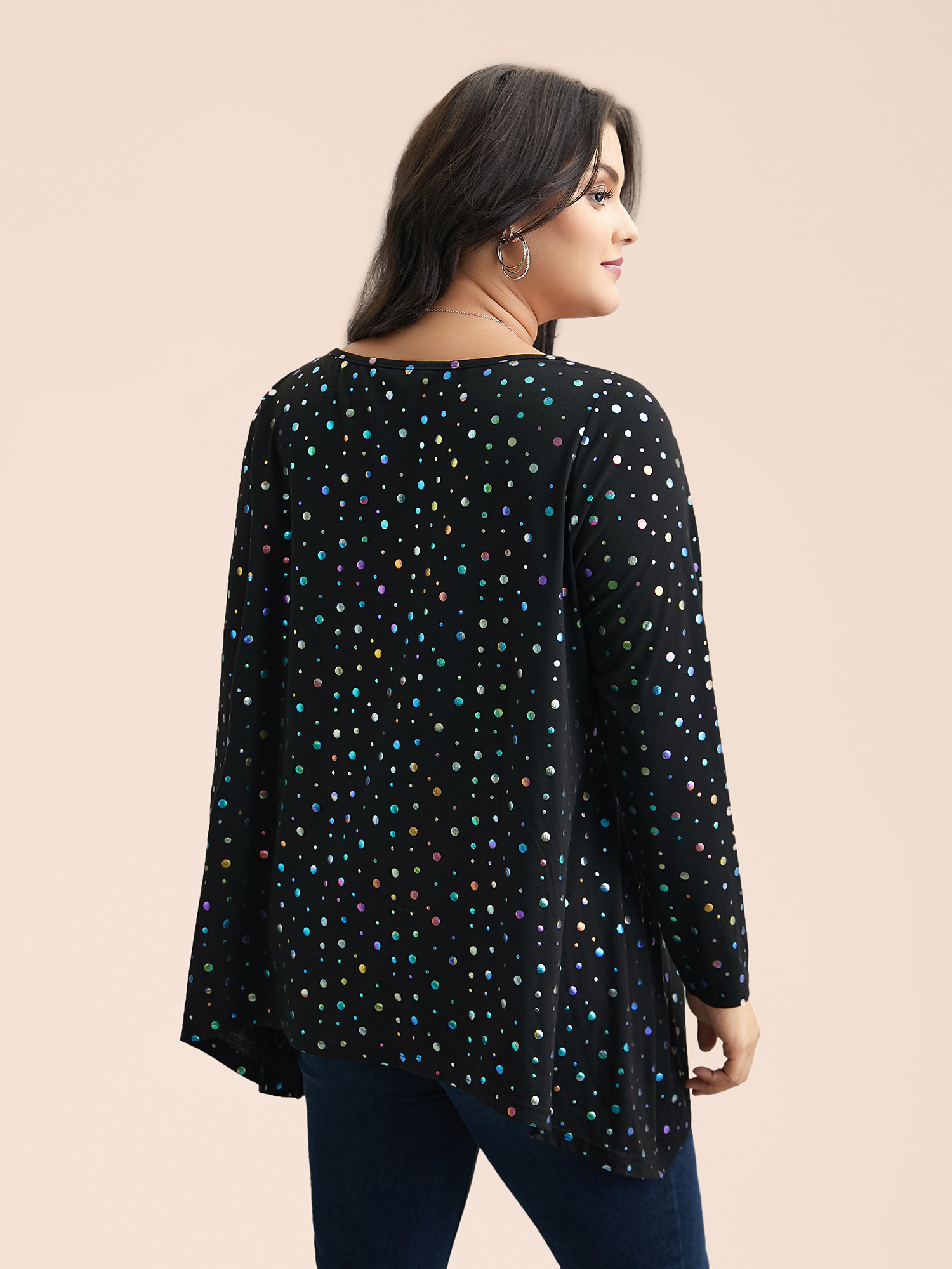 

Plus Size Multi-Color Dots Boat Neck T-Shirt Black Women Casual Contrast Boat Neck Everyday T-shirts BloomChic