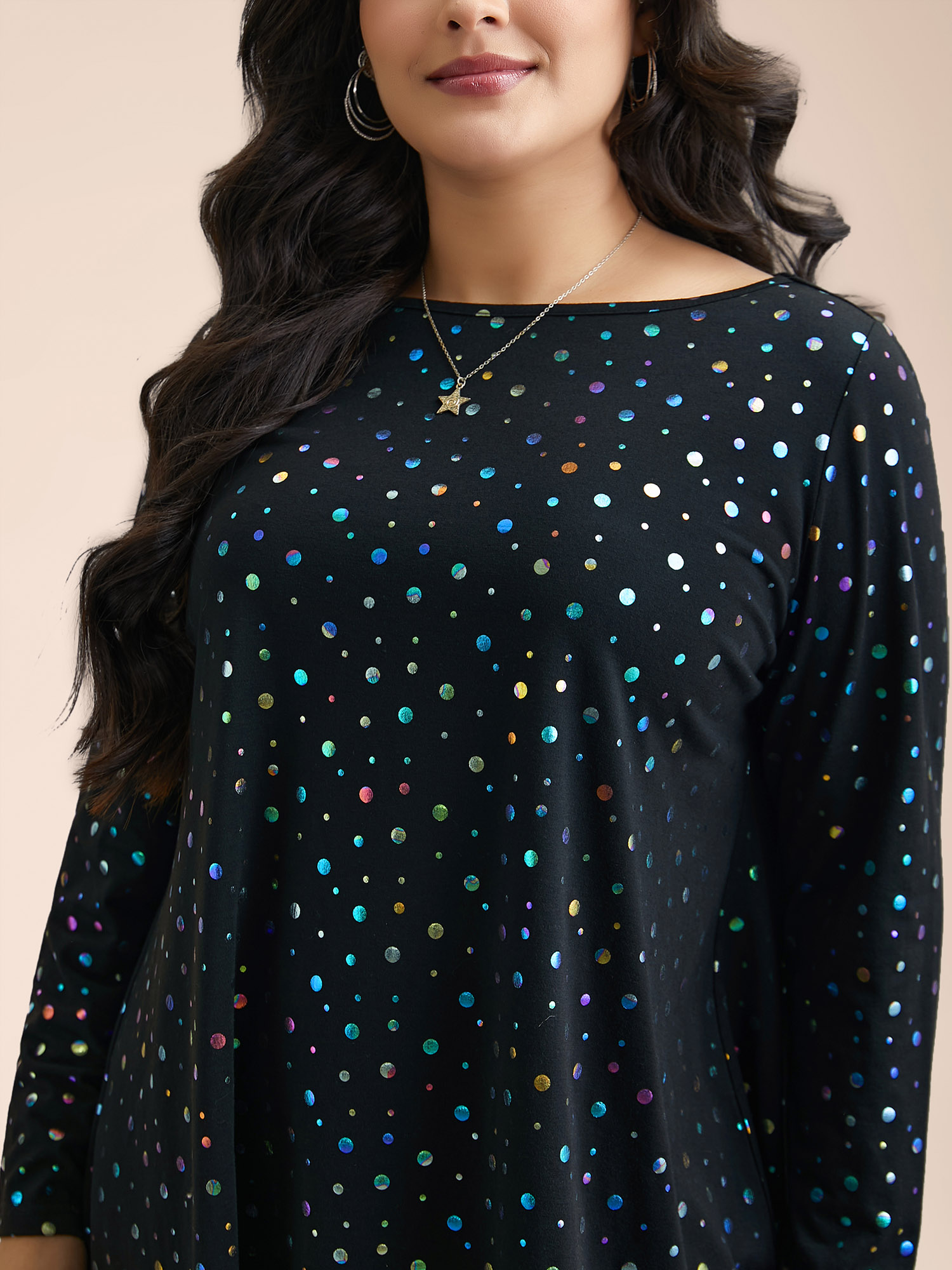 Plus Size Multi-Color Dots Boat Neck T-Shirt Black Women Casual Contrast Boat Neck Everyday T-shirts BloomChic 28/5X 