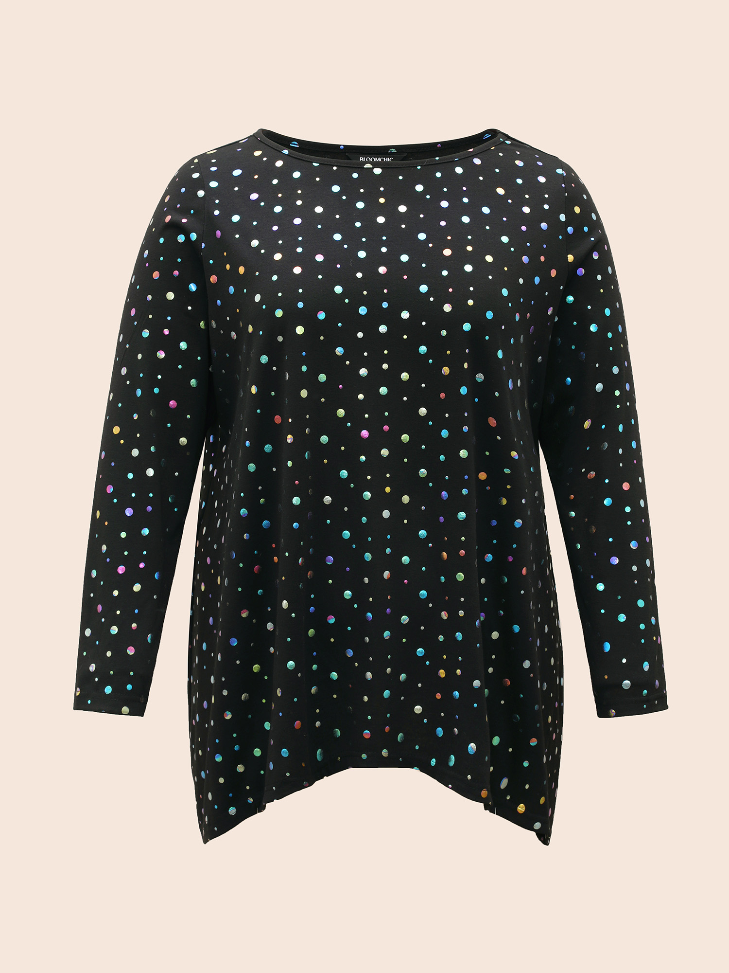 Plus Size Multi-Color Dots Boat Neck T-Shirt Black Women Casual Contrast Boat Neck Everyday T-shirts BloomChic 28/5X 