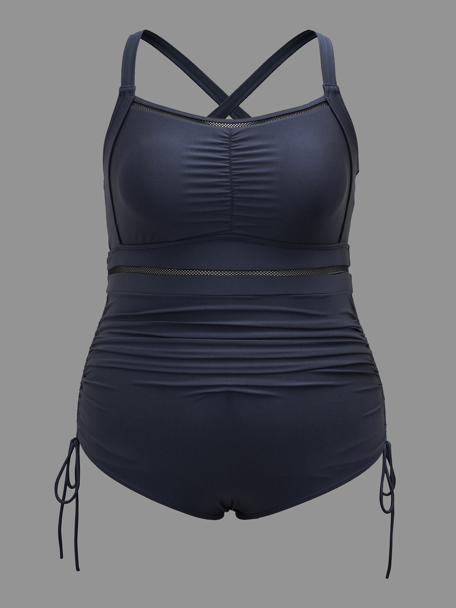 Plus Size Ruched Front Adjustable Drawstring One-Piece Swimsuit Women`s Swimwear Indigo Beach Woven ribbon&lace trim Curve Bathing Suits High stretch One Pieces BloomChic 14-16/1X 