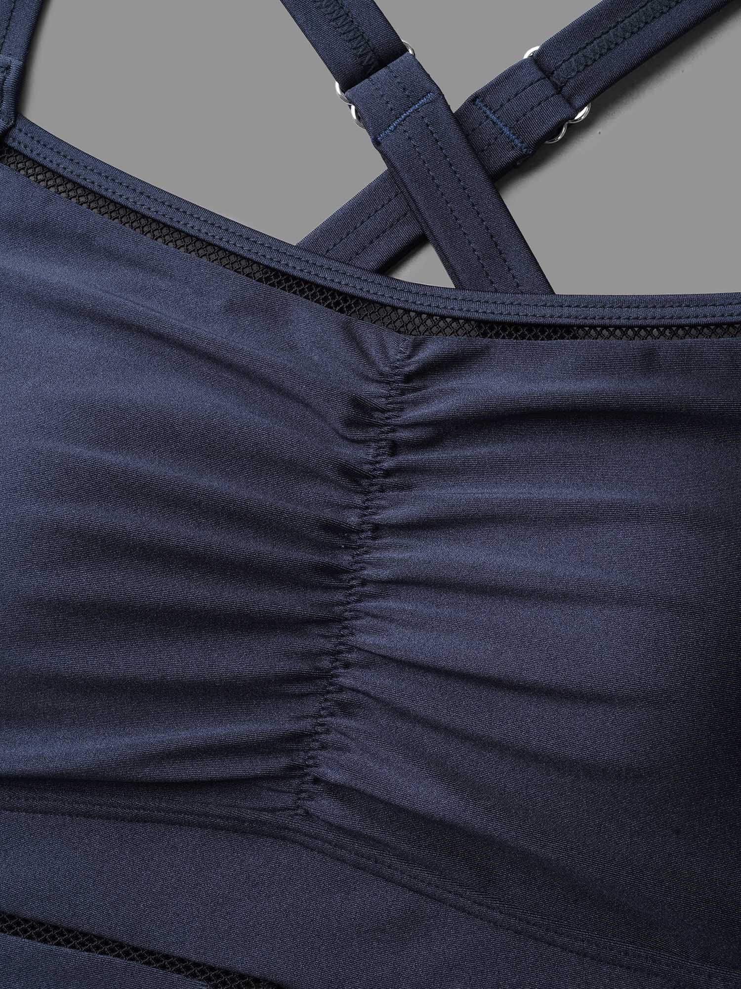 Plus Size Ruched Front Adjustable Drawstring One-Piece Swimsuit Women`s Swimwear Indigo Beach Woven ribbon&lace trim Curve Bathing Suits High stretch One Pieces BloomChic 14-16/1X 