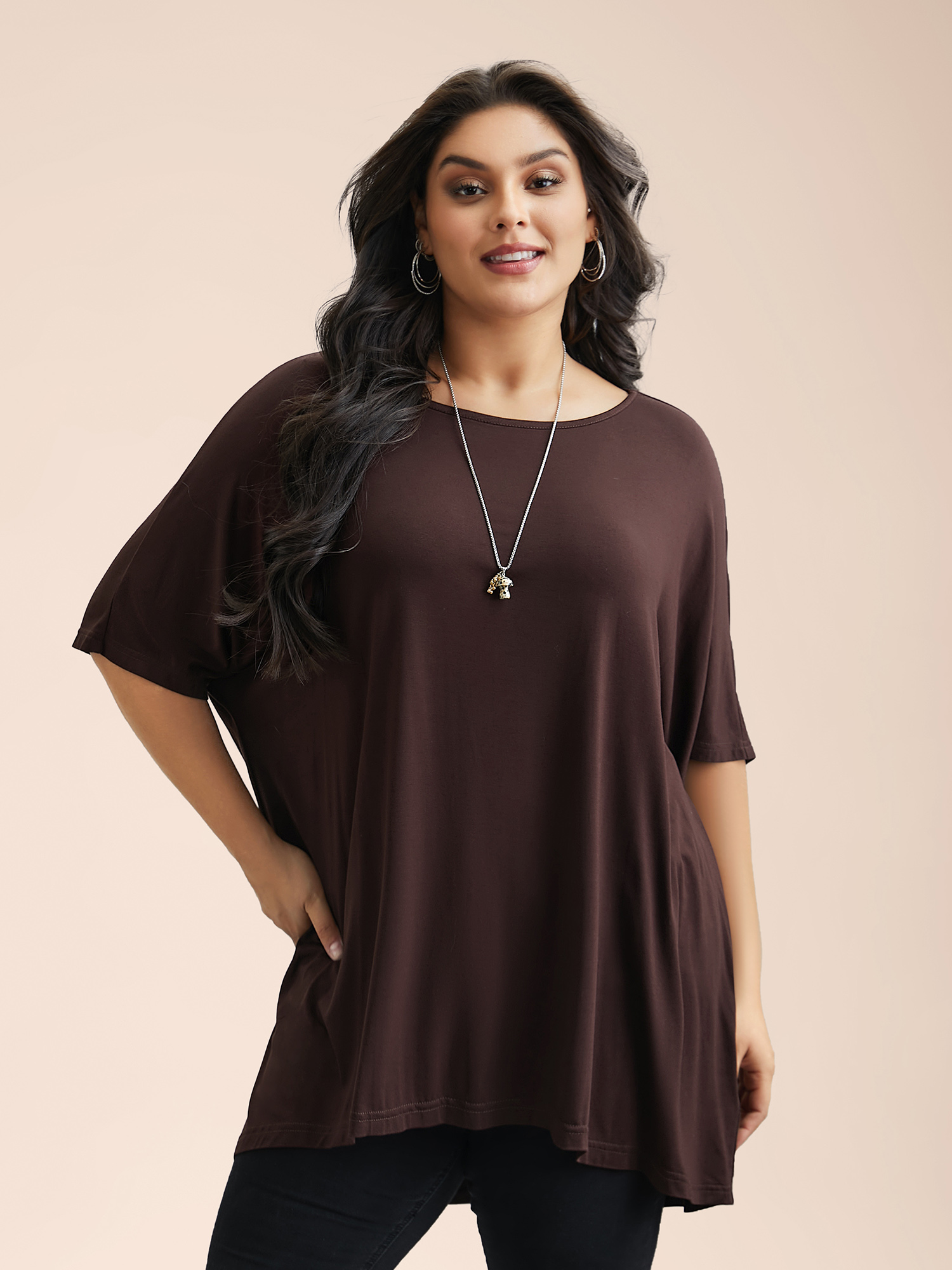 

Plus Size Stretchy Hi-Low Hem Plain Knit Top DarkBrown Boat Neck Elbow-length sleeve Casual Jersey Tops