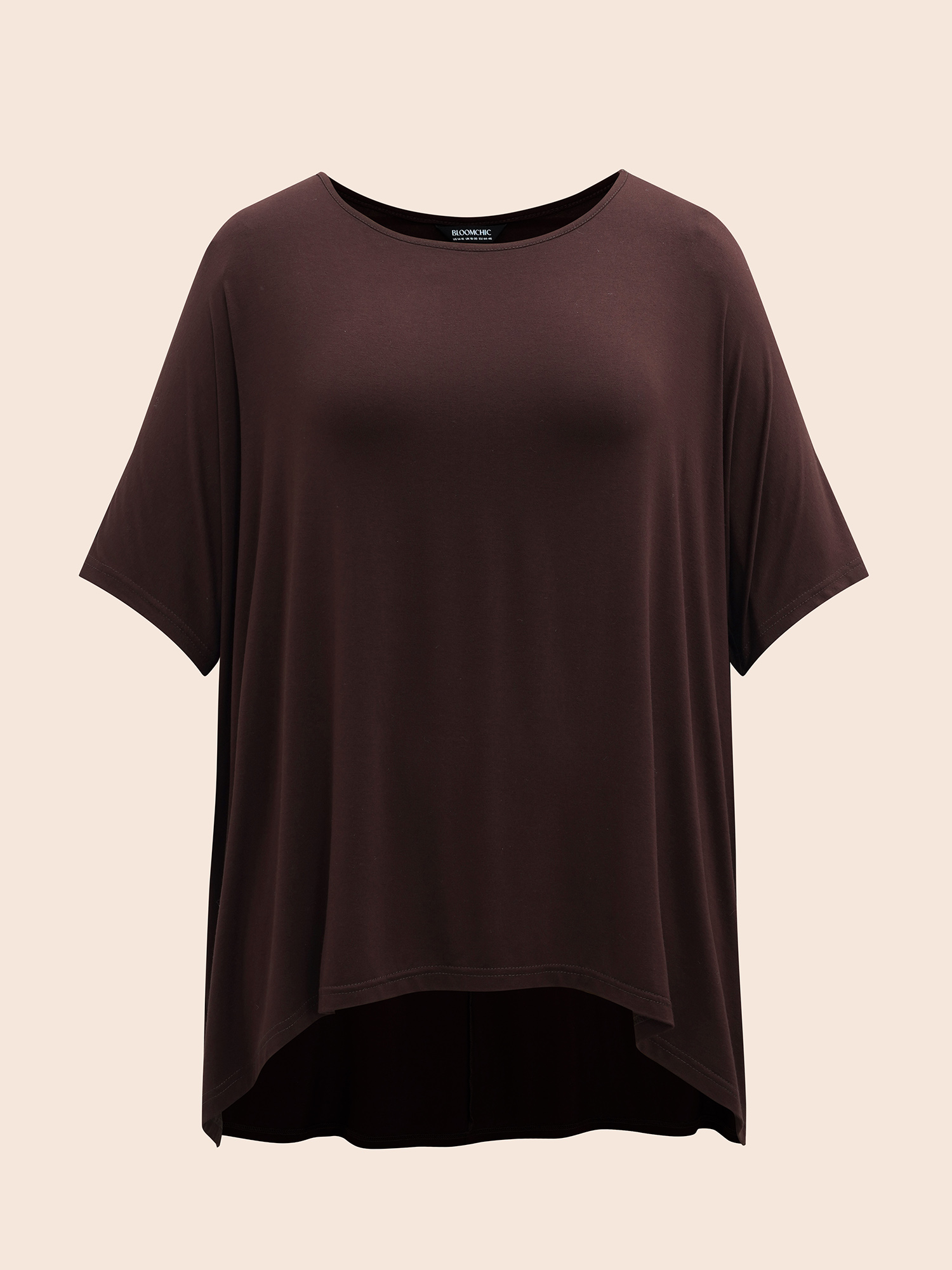 

Plus Size Oversize Stretchy Hi-Low Hem Plain Knit Top DarkBrown Boat Neck Elbow-length sleeve Casual Jersey Tops