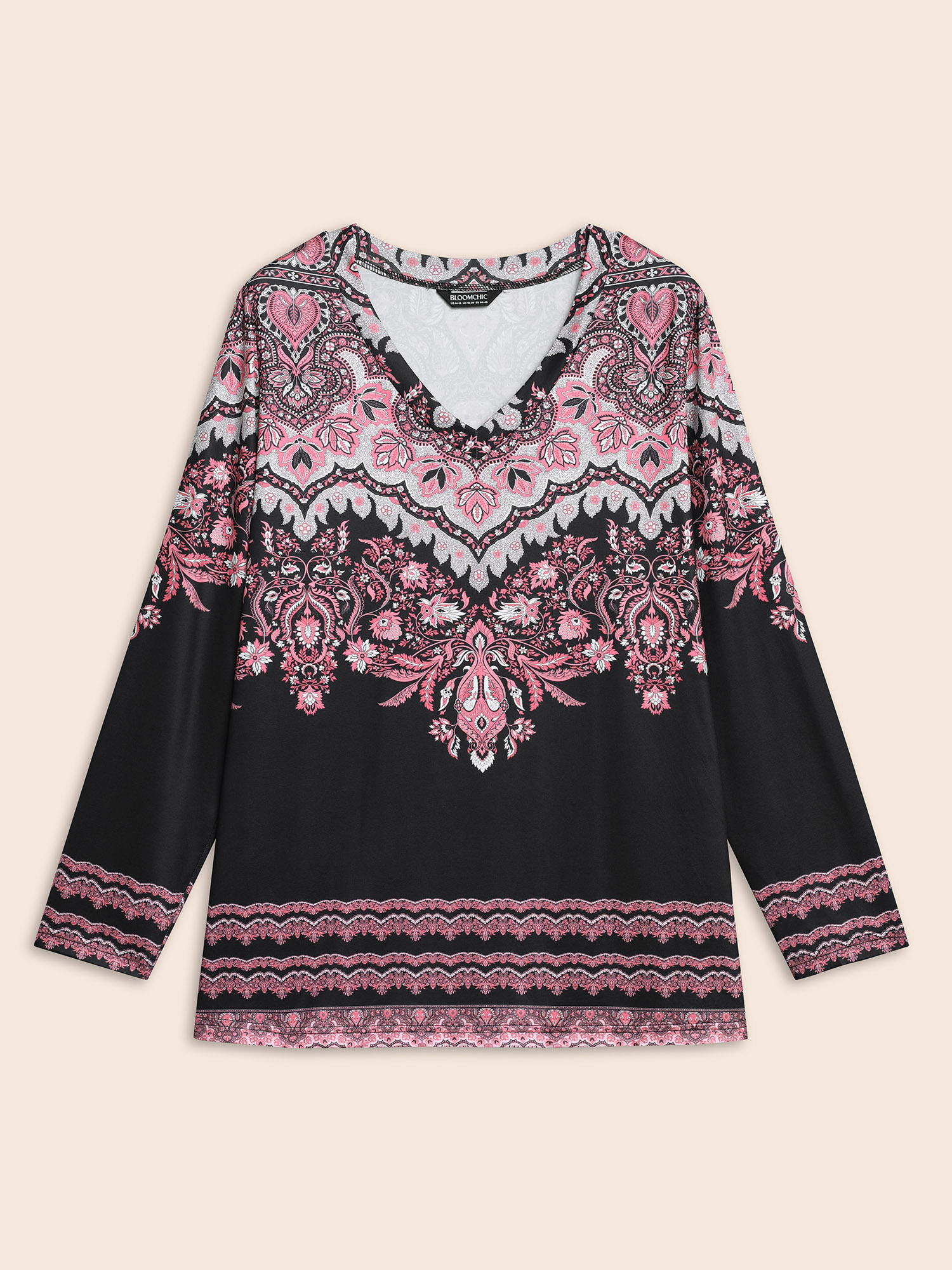 Plus Size Stretchy Boho Print Full Sleeve T-Shirt Black Women Casual Contrast V-neck Everyday T-shirts BloomChic 18-20/2X 