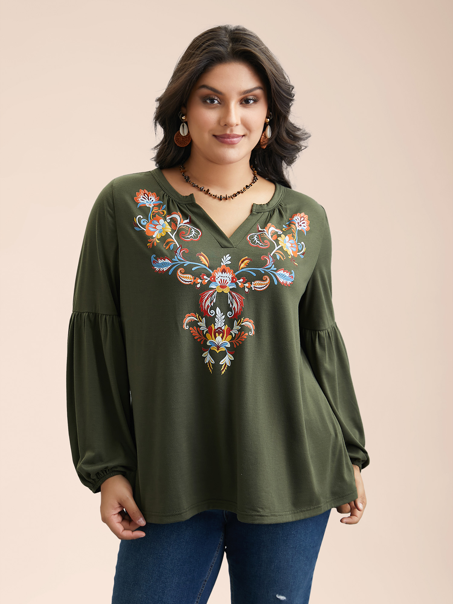 

Plus Size Printed Notched Collar Gathered Top ArmyGreen Notched collar Extra Long Sleeve Resort Jersey Tops