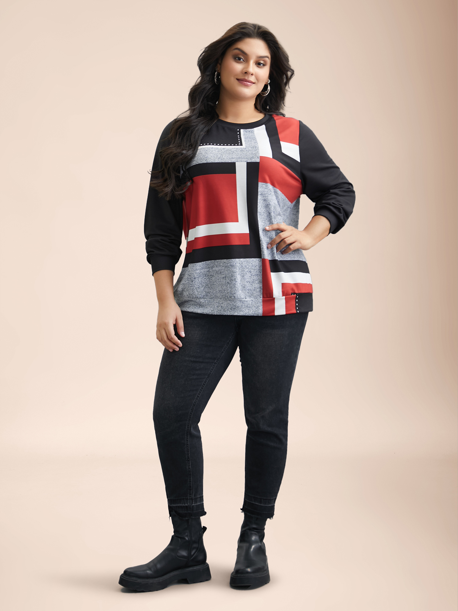 Plus Size Geometric Print Round Neck Fitted Sweatshirt Women Multicolor Casual Contrast Round Neck Everyday Sweatshirts BloomChic 30/6X 