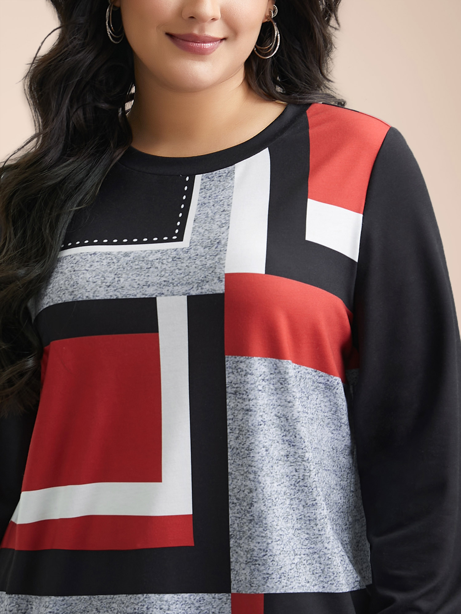 Plus Size Geometric Print Round Neck Fitted Sweatshirt Women Multicolor Casual Contrast Round Neck Everyday Sweatshirts BloomChic 30/6X 
