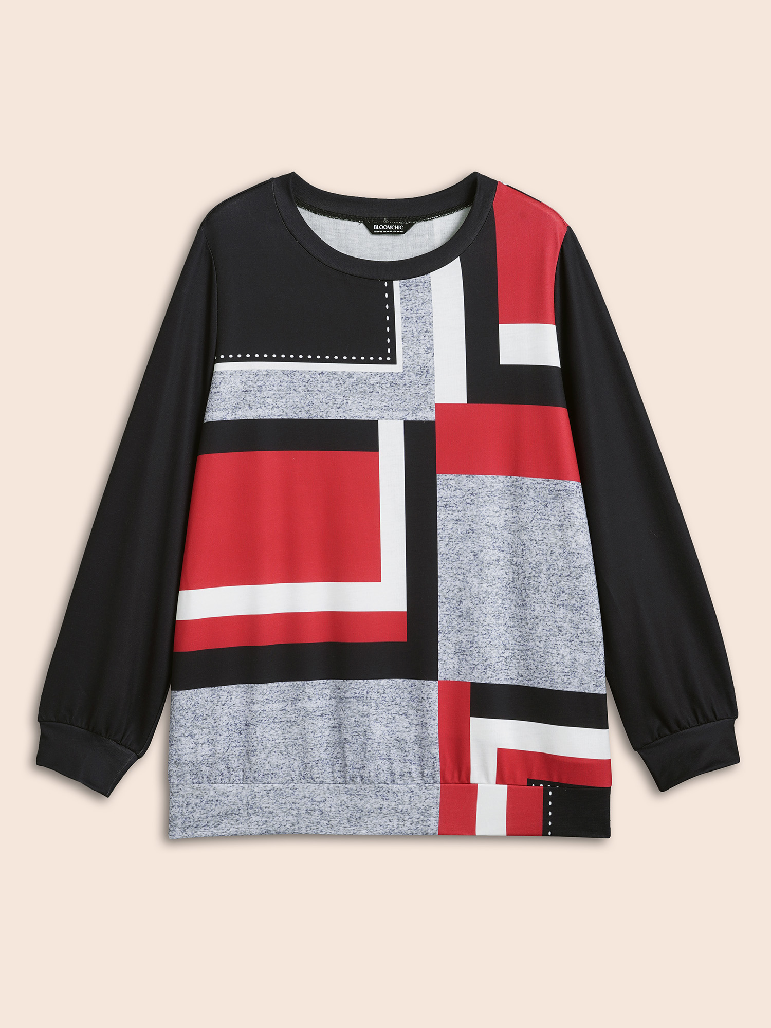 Plus Size Geometric Print Round Neck Fitted Sweatshirt Women Multicolor Casual Contrast Round Neck Everyday Sweatshirts BloomChic 30/6X 