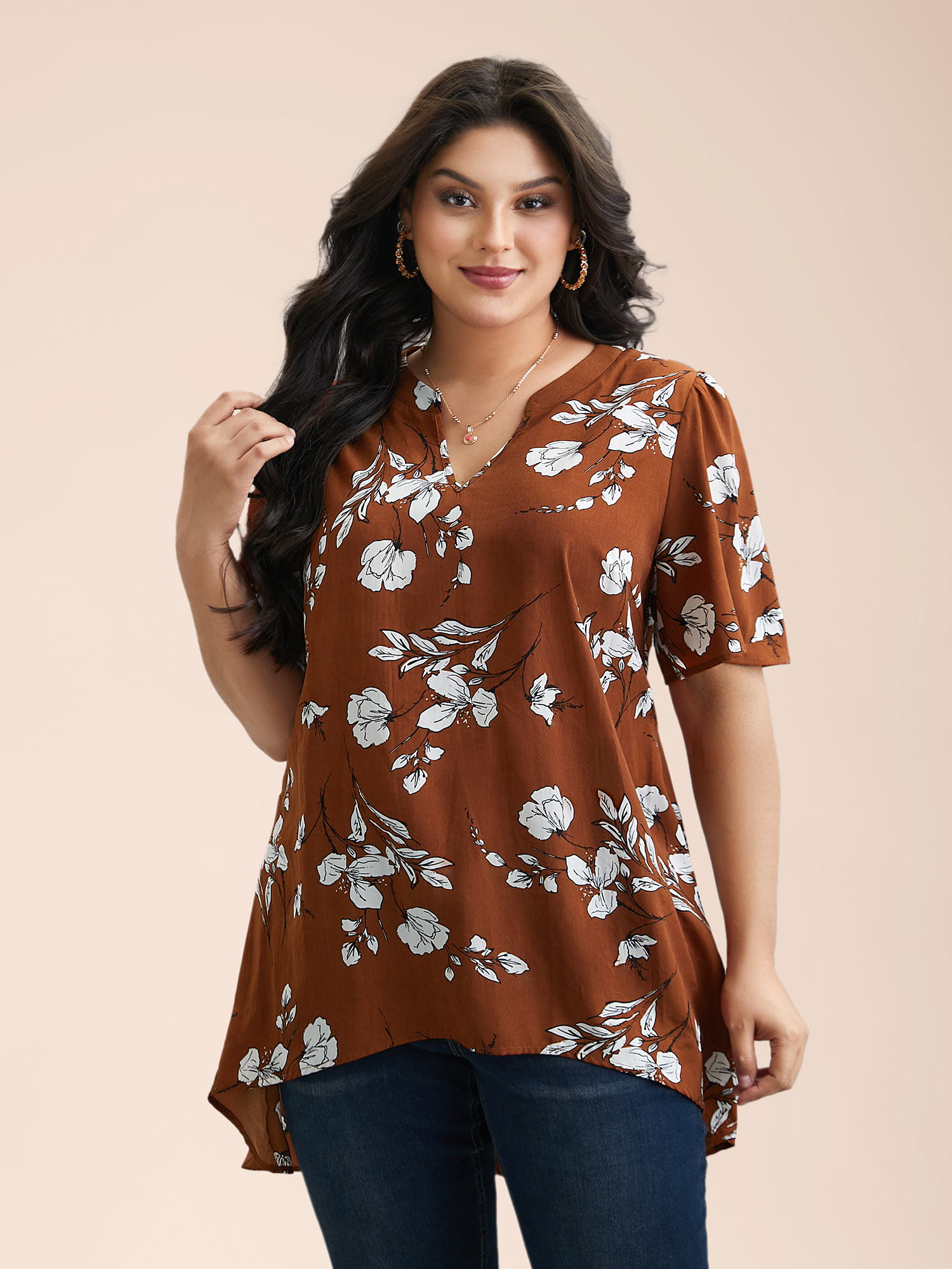 

Plus Size Browncoffeecolor Floral Print Notched Collar Hi-Low Hem Blouse Women Elegant Half Sleeve Flat collar with V-notch Everyday Blouses BloomChic