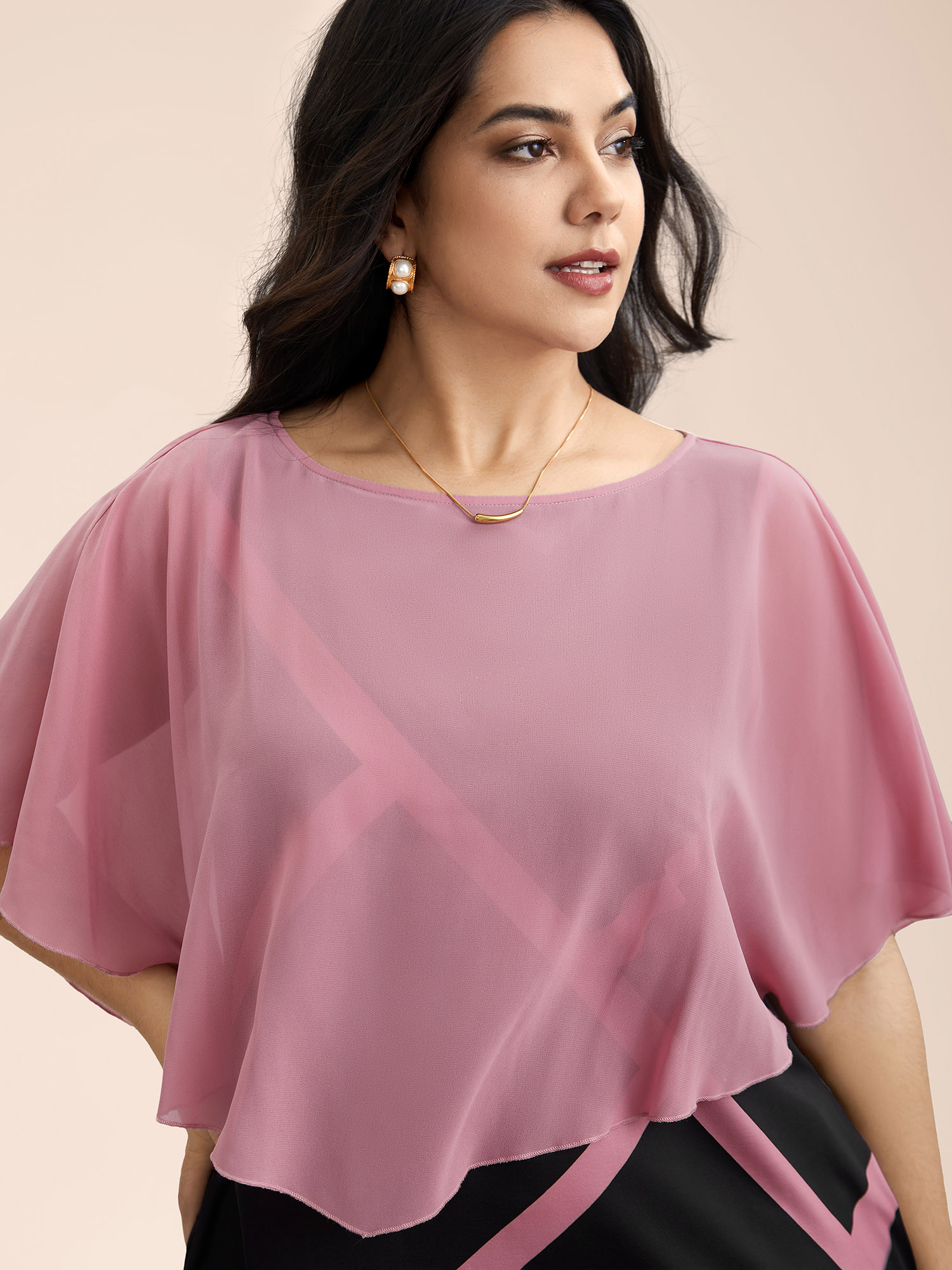 

Plus Size 2-in-1 Color-Block Sheer Top Midi Dress DustyPink Women Elegant See through Round Neck Half Sleeve Curvy BloomChic