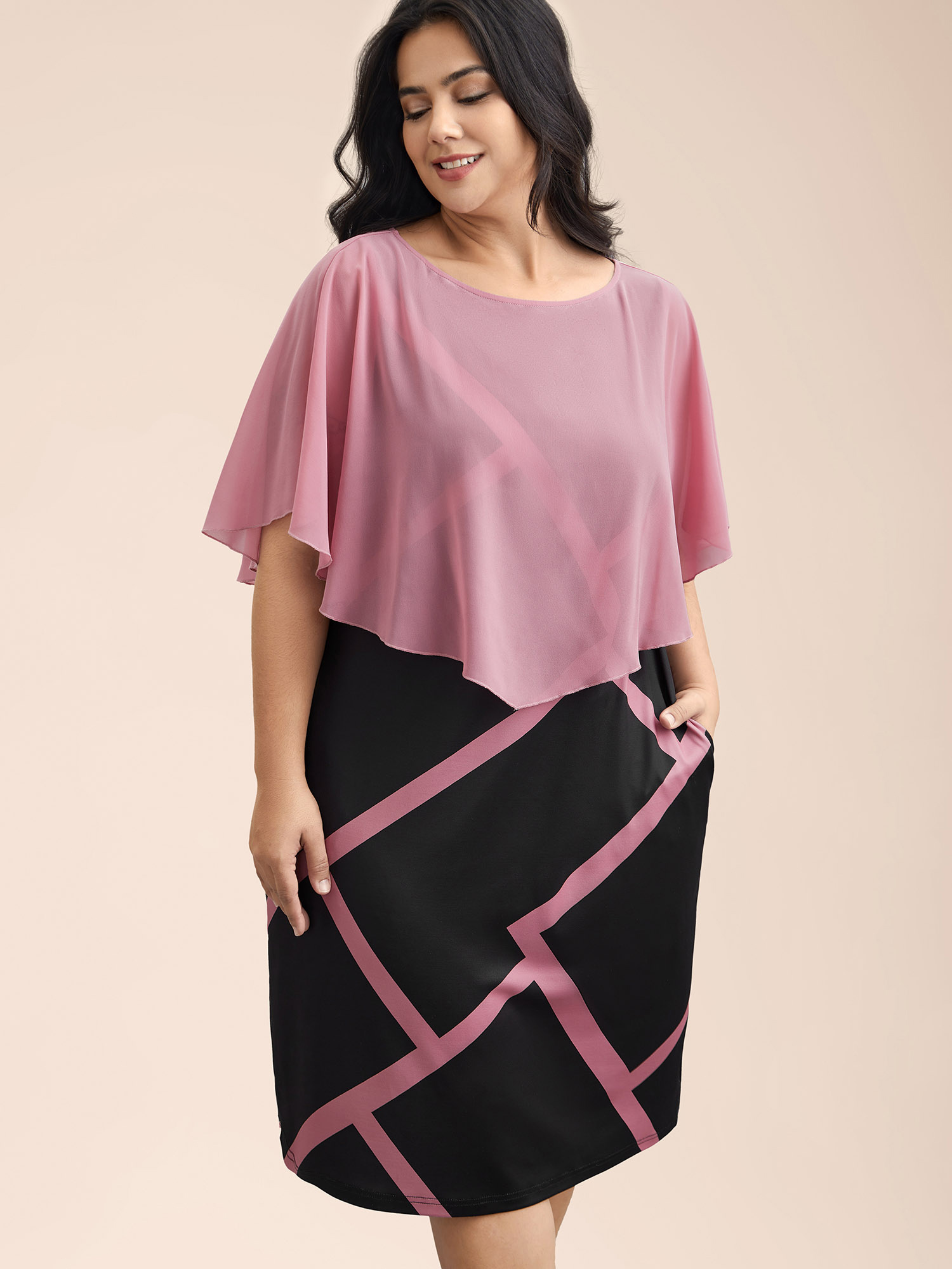 Plus Size 2-in-1 Color-Block Sheer Top Midi Dress DustyPink Women Elegant See through Round Neck Half Sleeve Curvy BloomChic 30/6X 